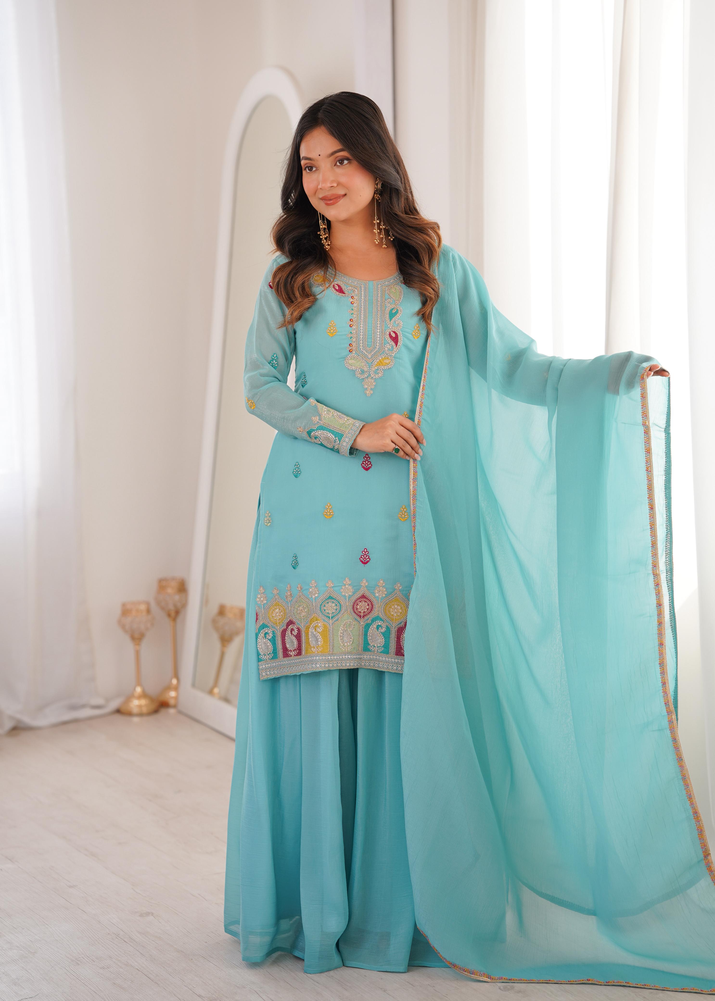 Sky Blue Pure Soft Crunchy Silk Kurta Suit Set