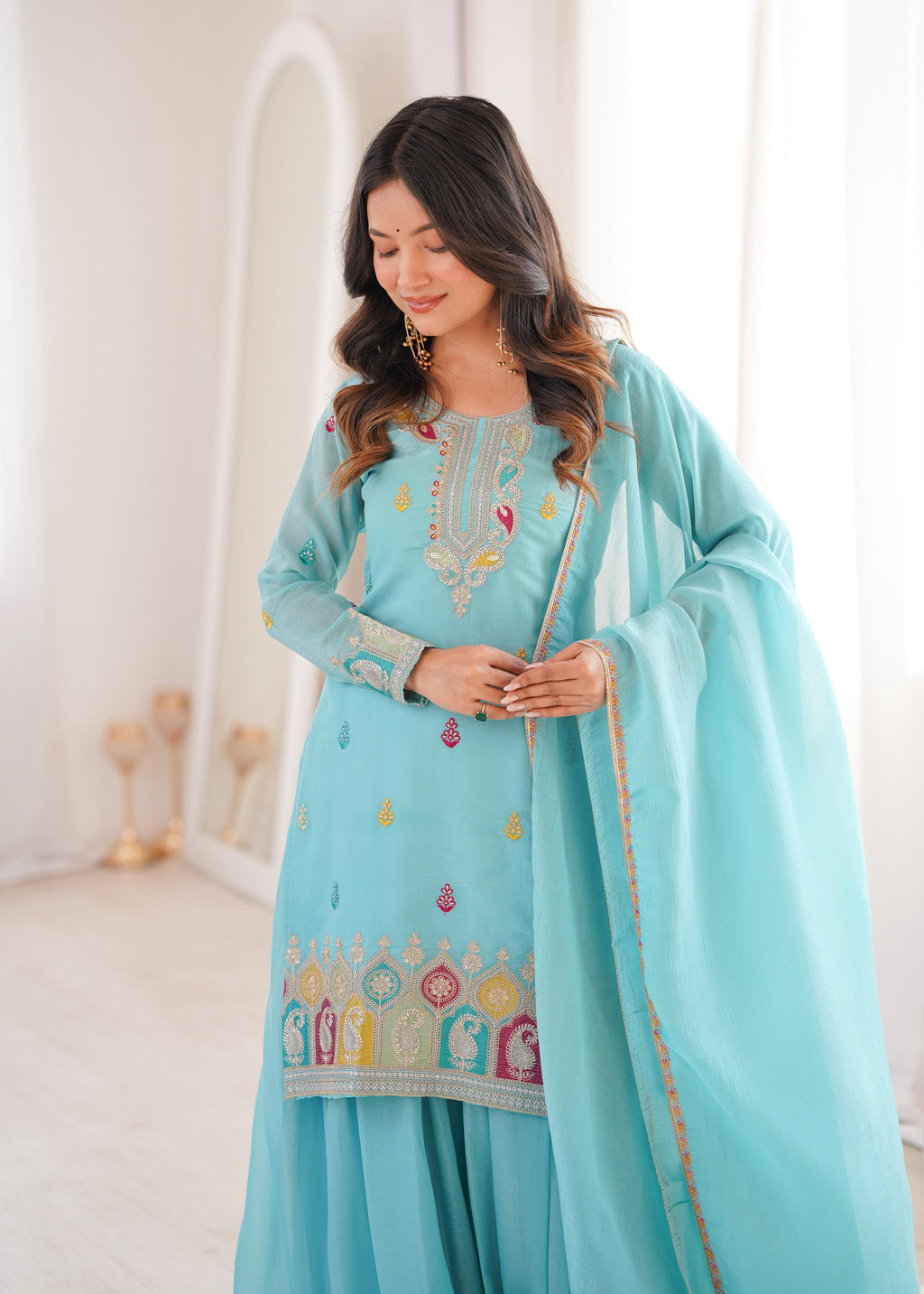 Sky Blue Pure Soft Crunchy Silk Kurta Suit Set