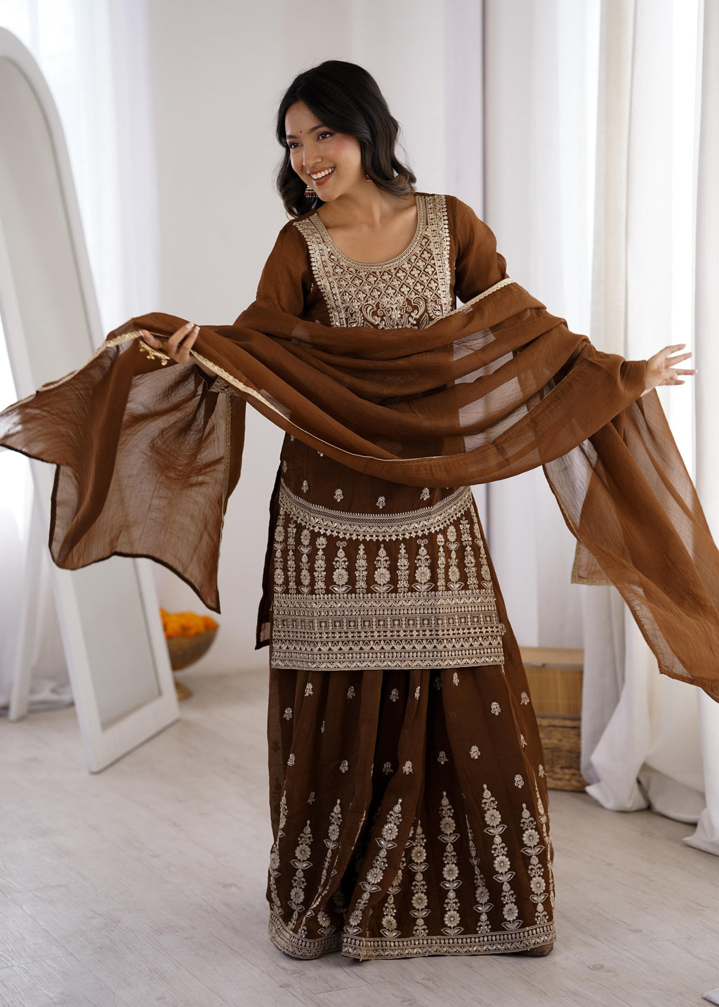Brown Pure Soft Crunchy Silk Kurta Suit Set