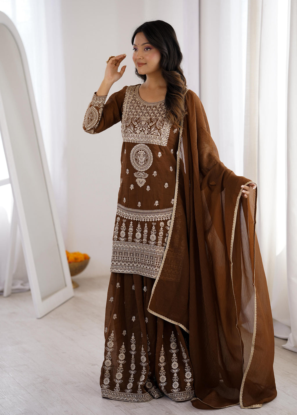 Brown Pure Soft Crunchy Silk Kurta Suit Set