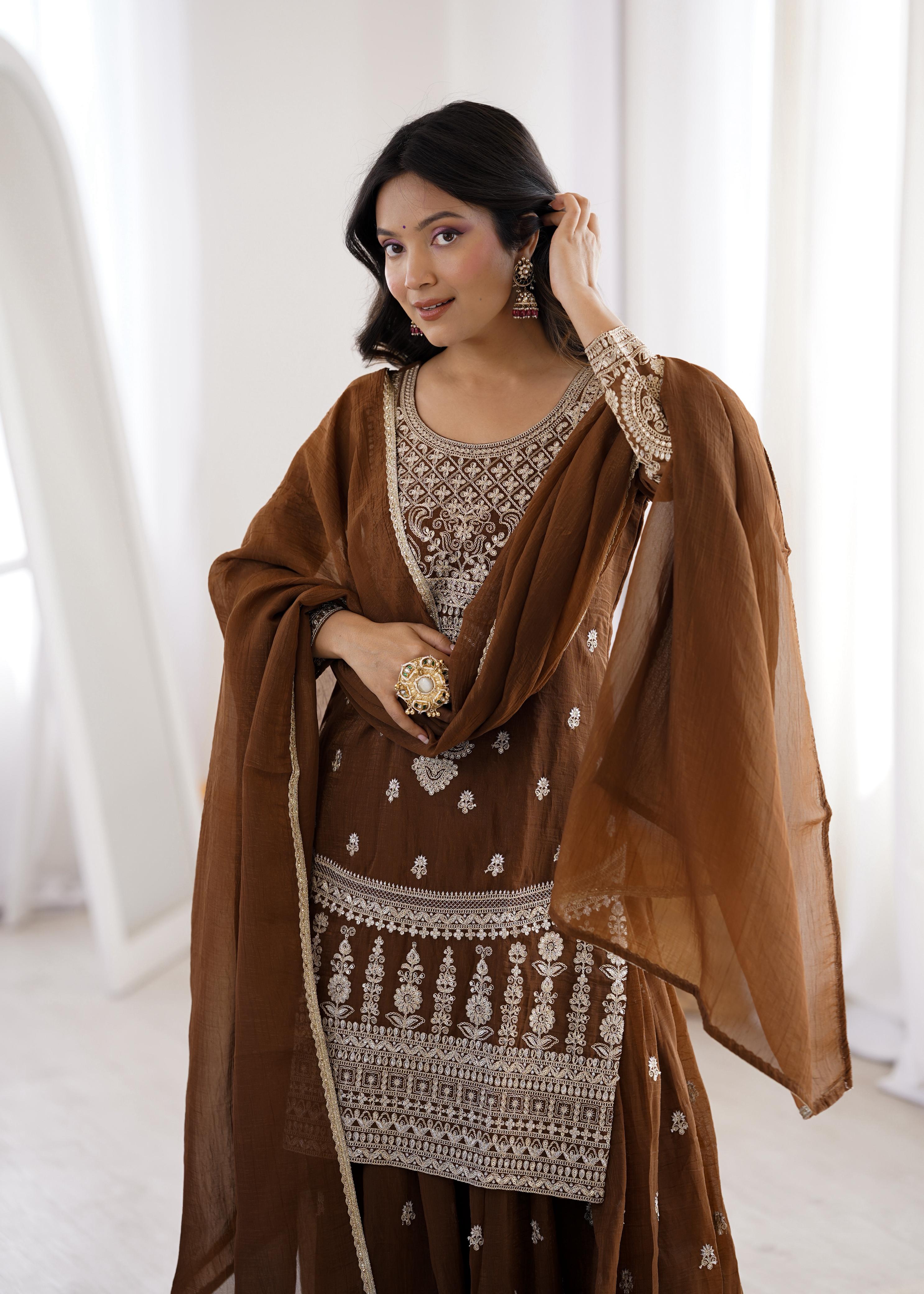Brown Pure Soft Crunchy Silk Kurta Suit Set