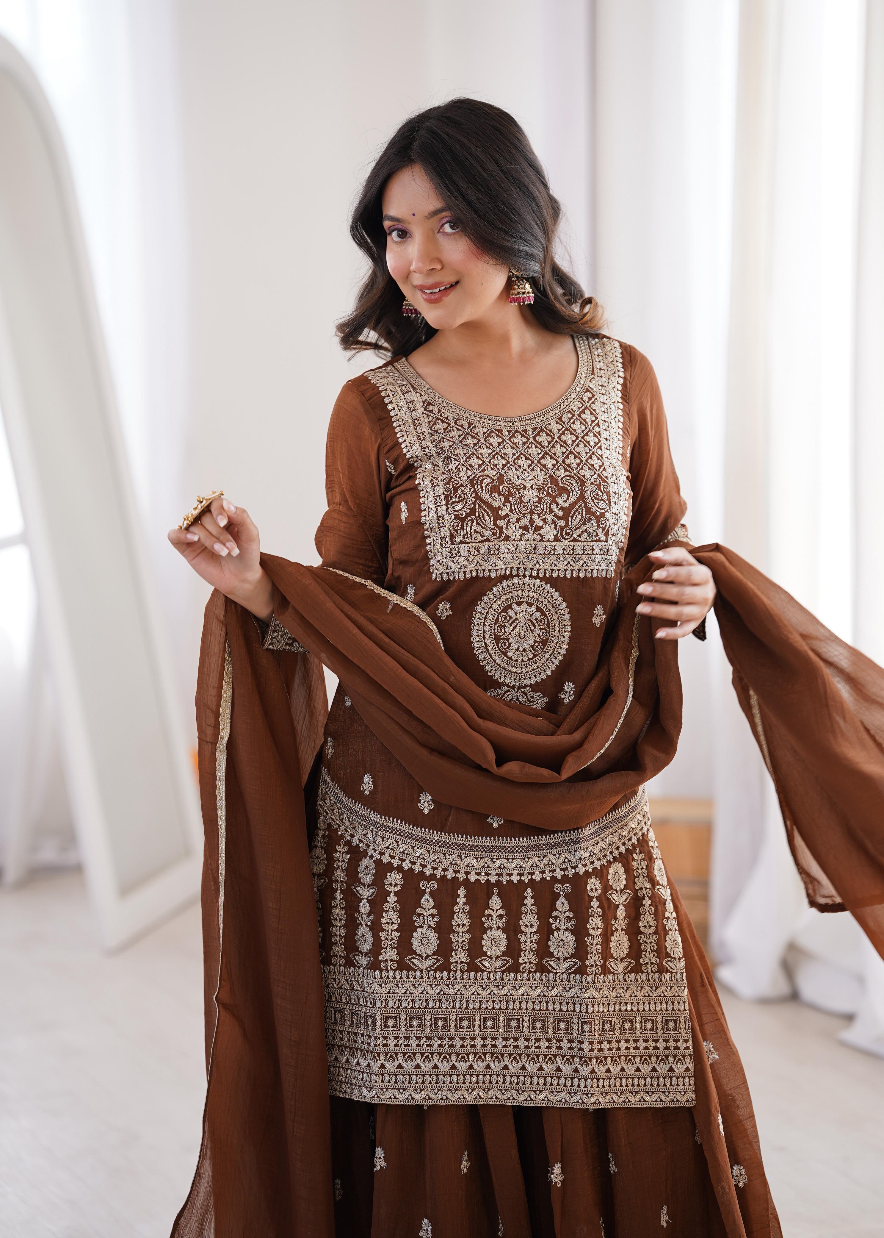 Brown Pure Soft Crunchy Silk Kurta Suit Set