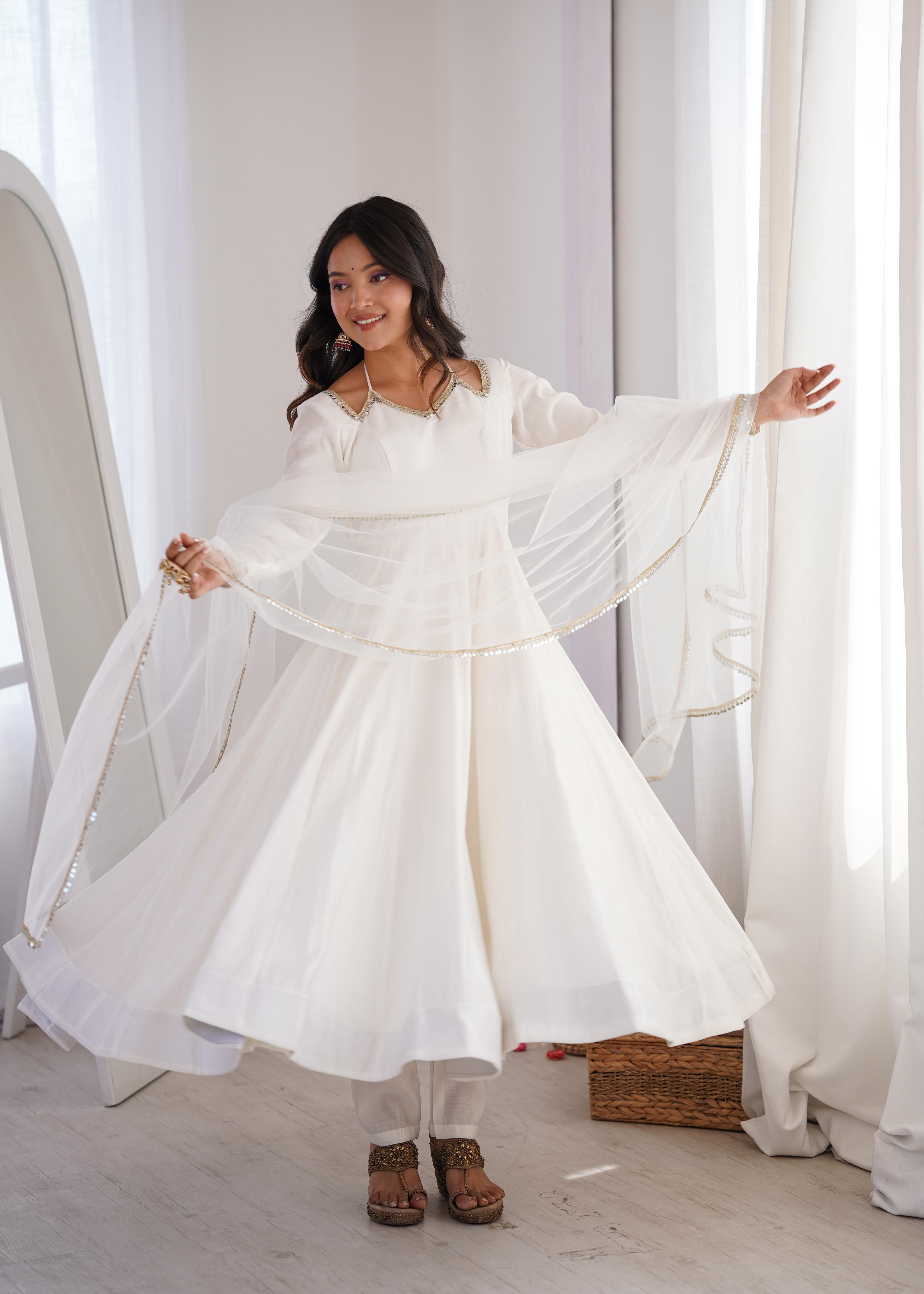 Off White Roman Silk Chanderi Anarkali Suit Set Mirror Lace Work Festive Wear