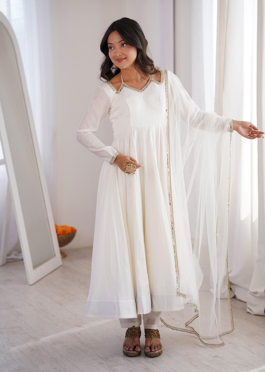 Off White Roman Silk Chanderi Anarkali Suit Set Mirror Lace Work Festive Wear
