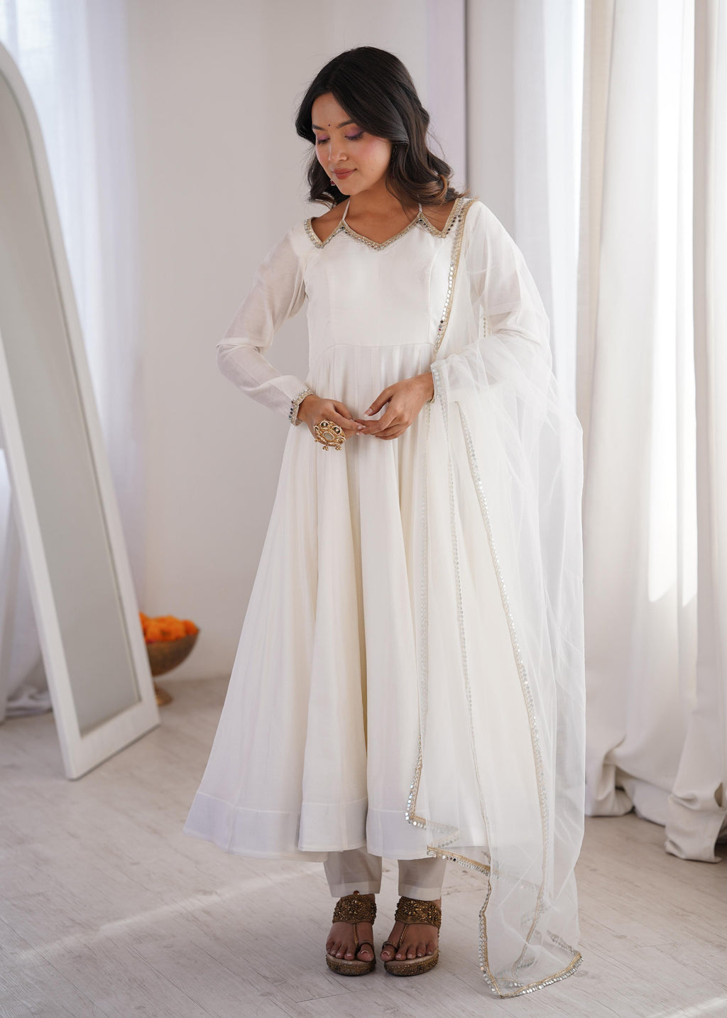 Off White Roman Silk Chanderi Anarkali Suit Set Mirror Lace Work Festive Wear