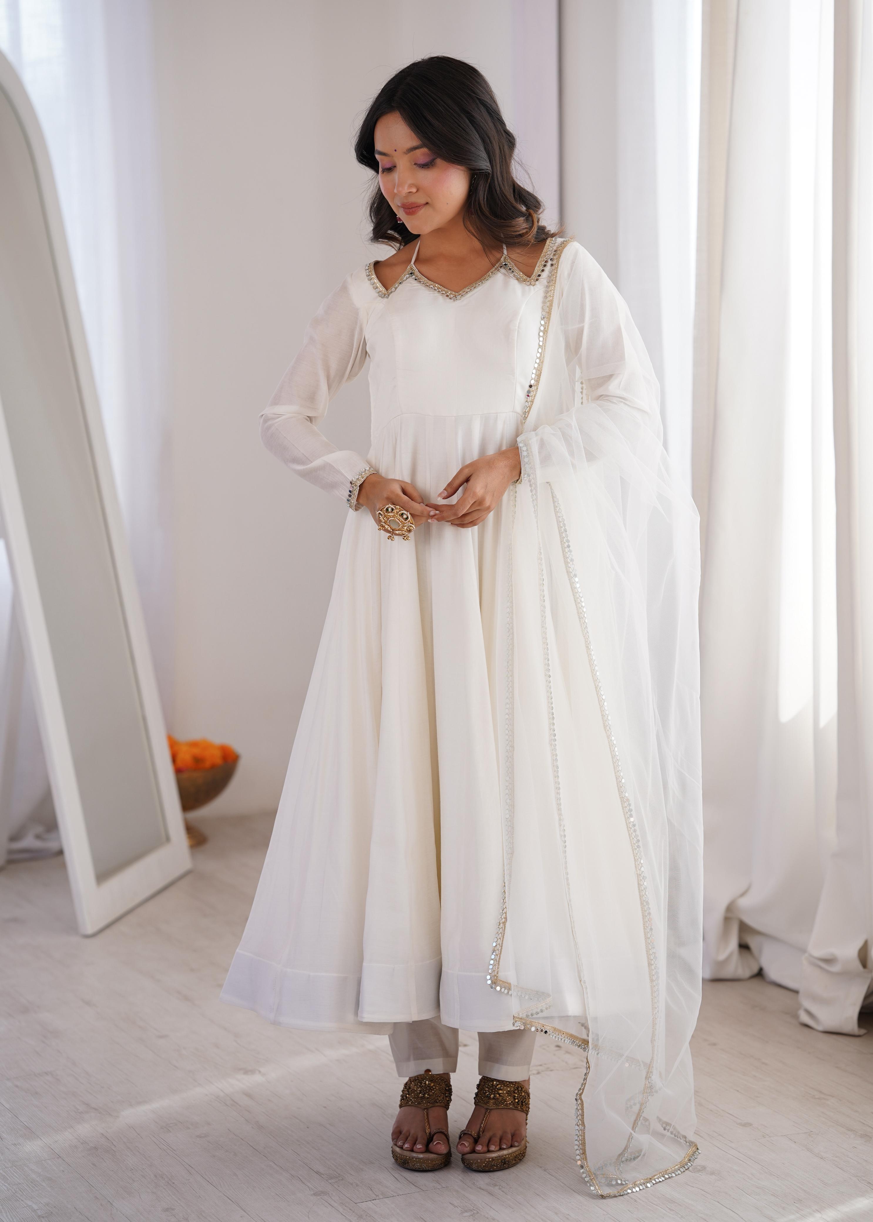 Off White Roman Silk Chanderi Anarkali Suit Set Mirror Lace Work Festive Wear