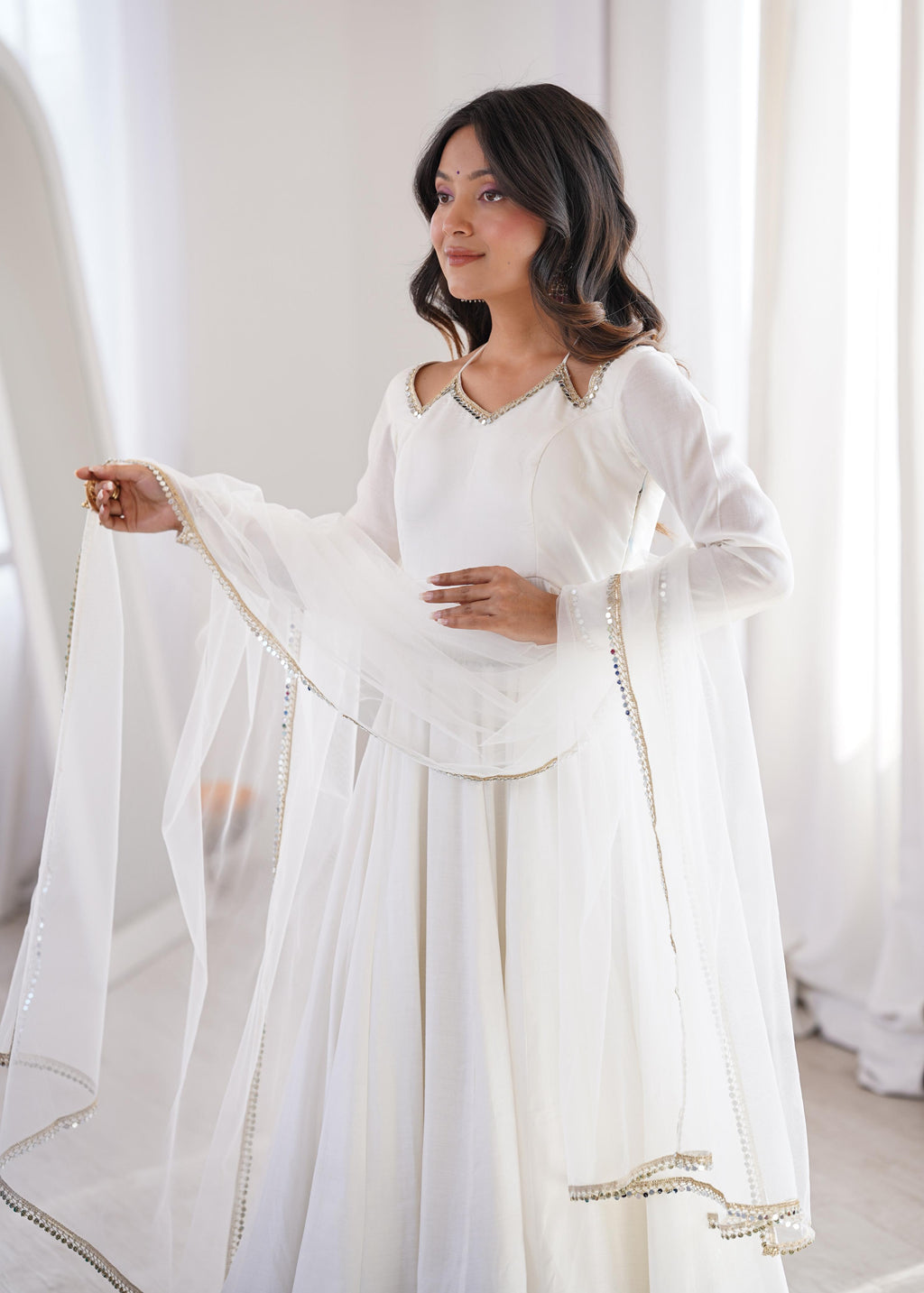 Off White Roman Silk Chanderi Anarkali Suit Set Mirror Lace Work Festive Wear