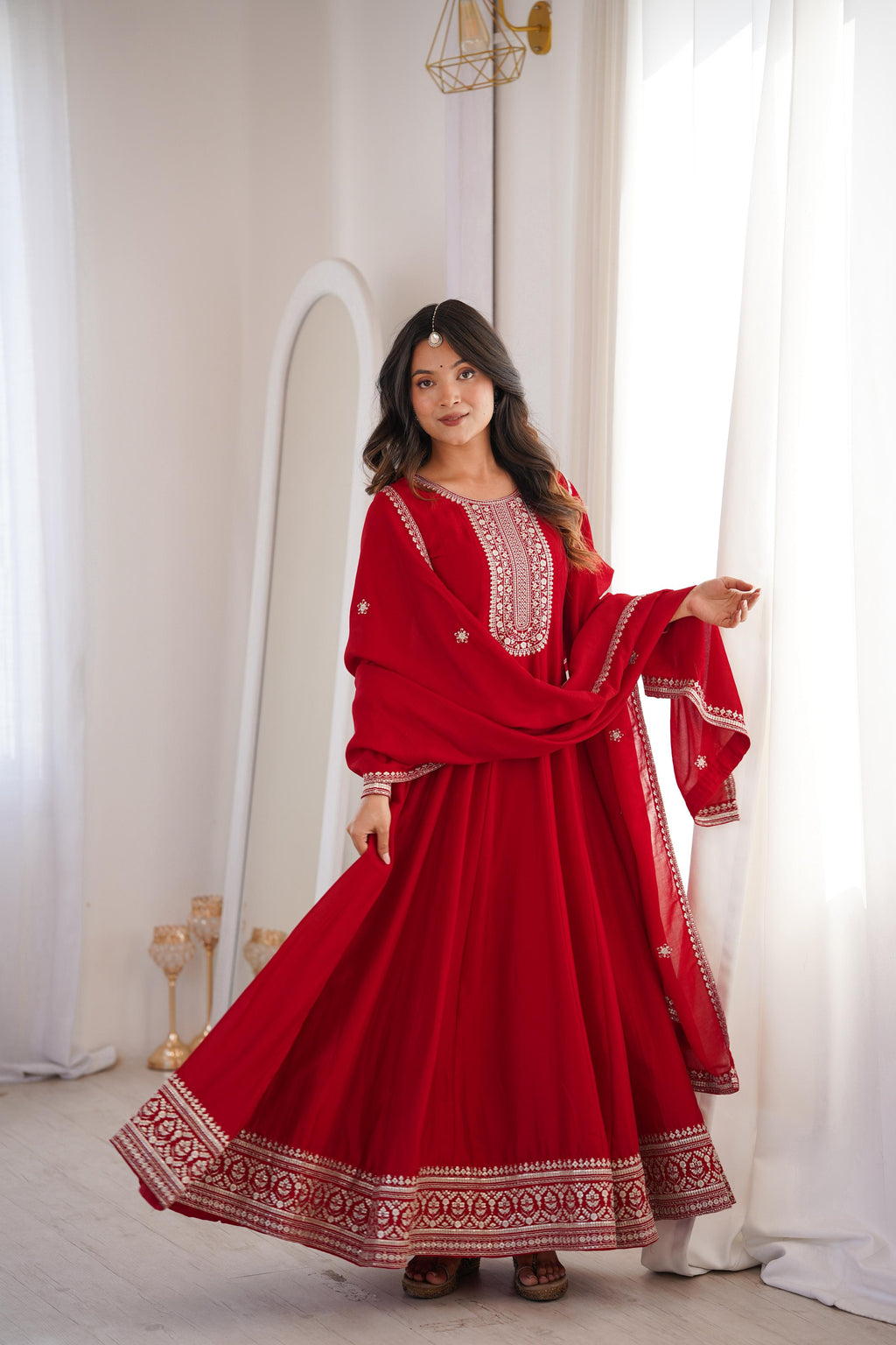 Dark Red Pure Vichitra Silk Anarkali Suit Set