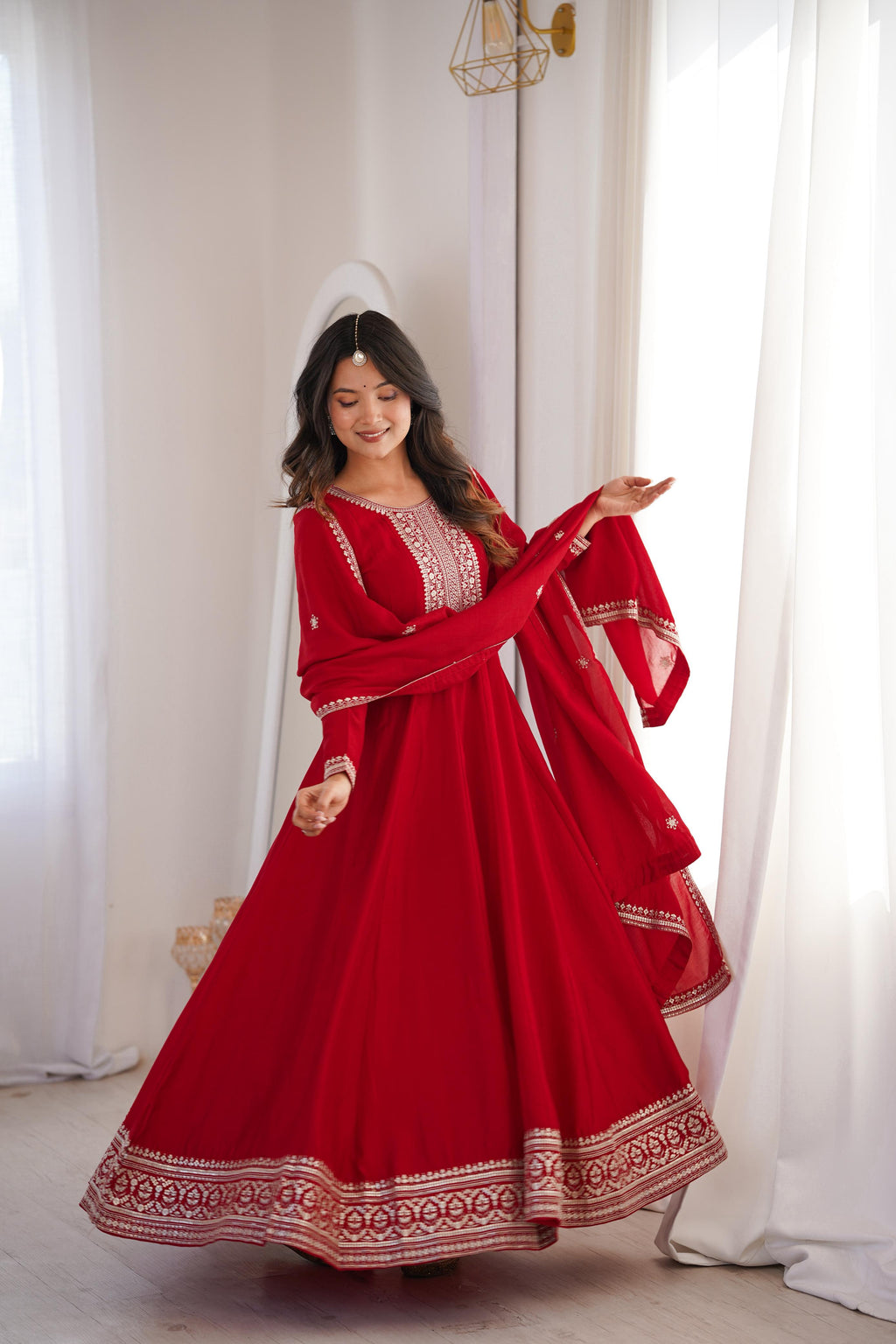 Dark Red Pure Vichitra Silk Anarkali Suit Set