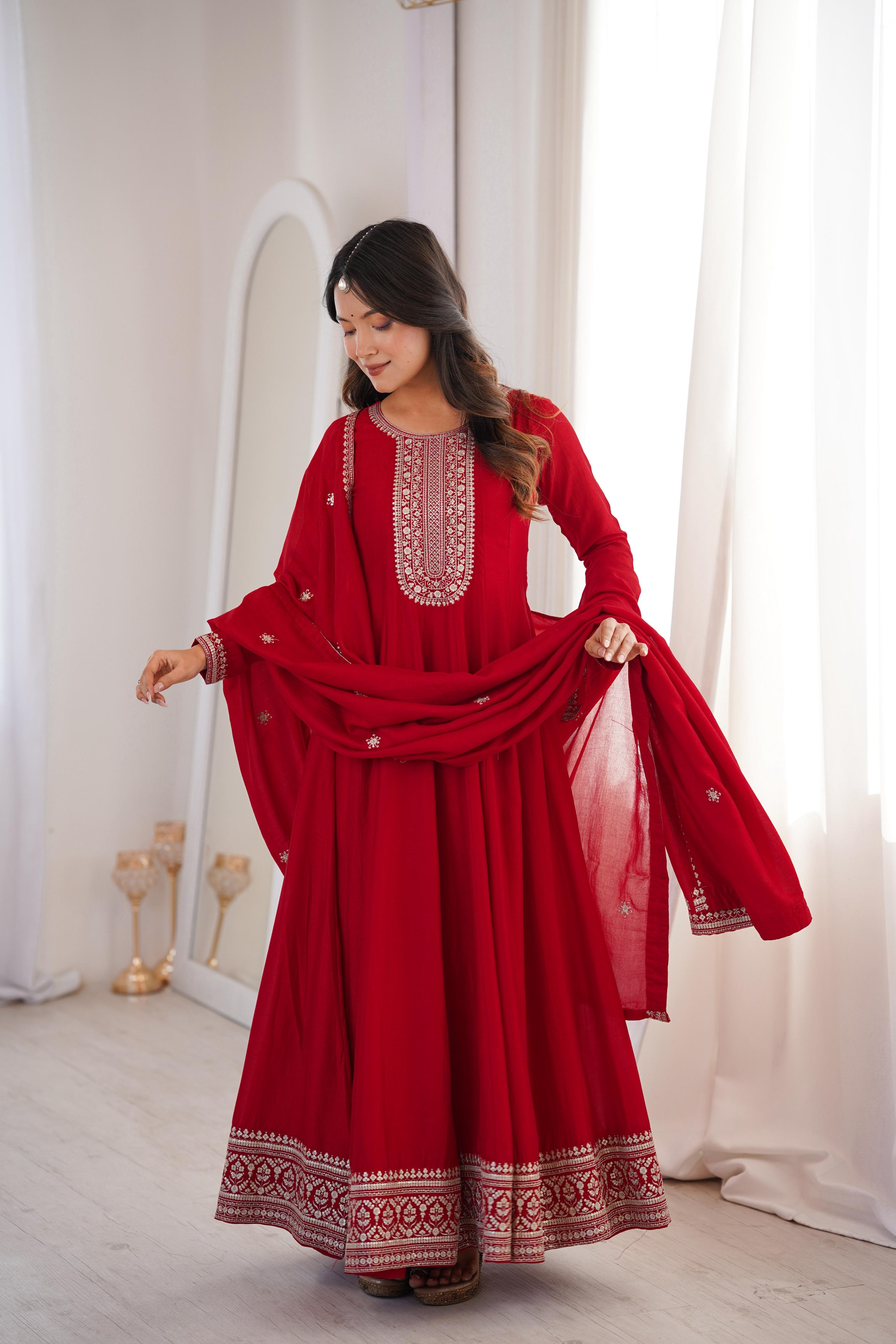 Dark Red Pure Vichitra Silk Anarkali Suit Set