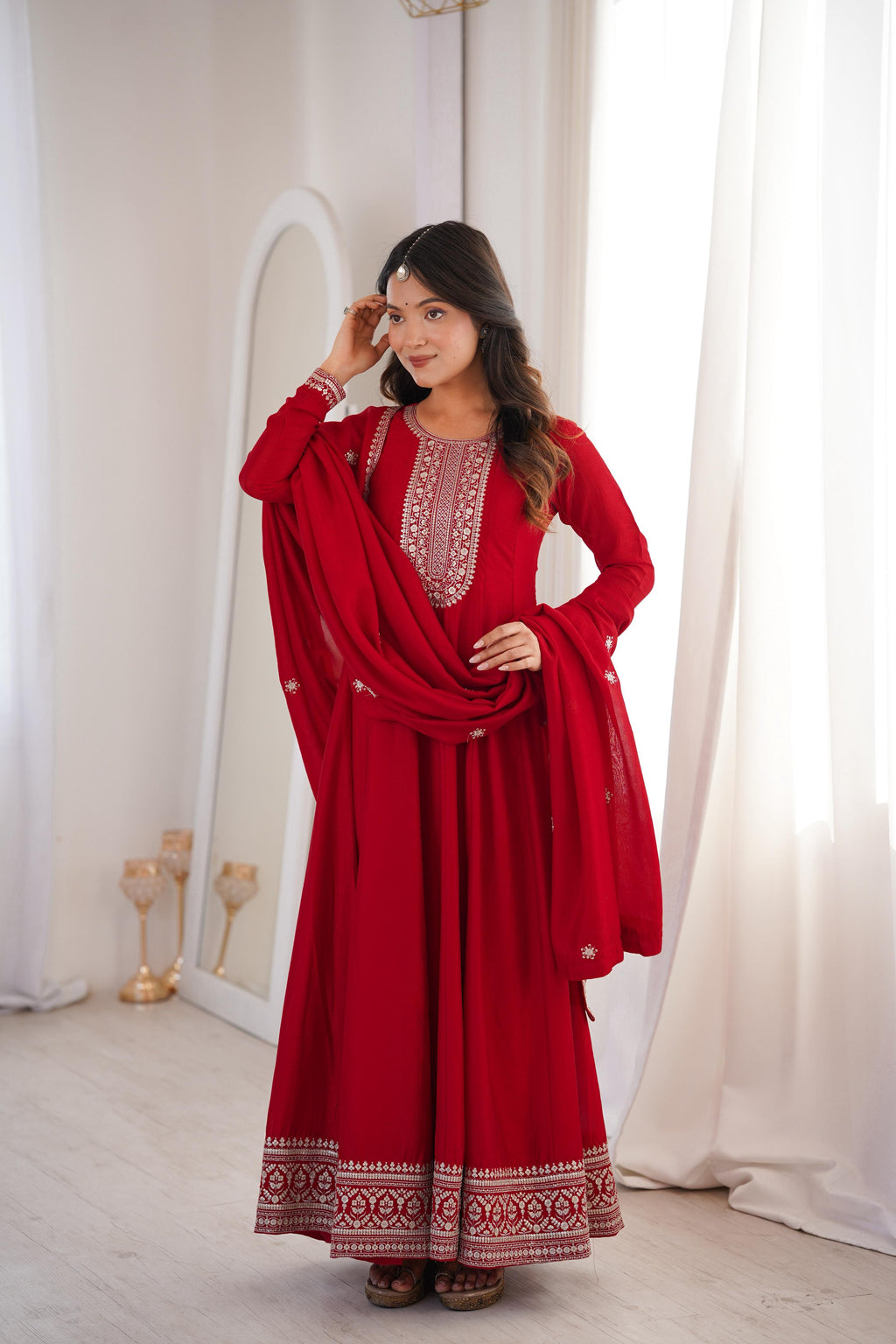 Dark Red Pure Vichitra Silk Anarkali Suit Set