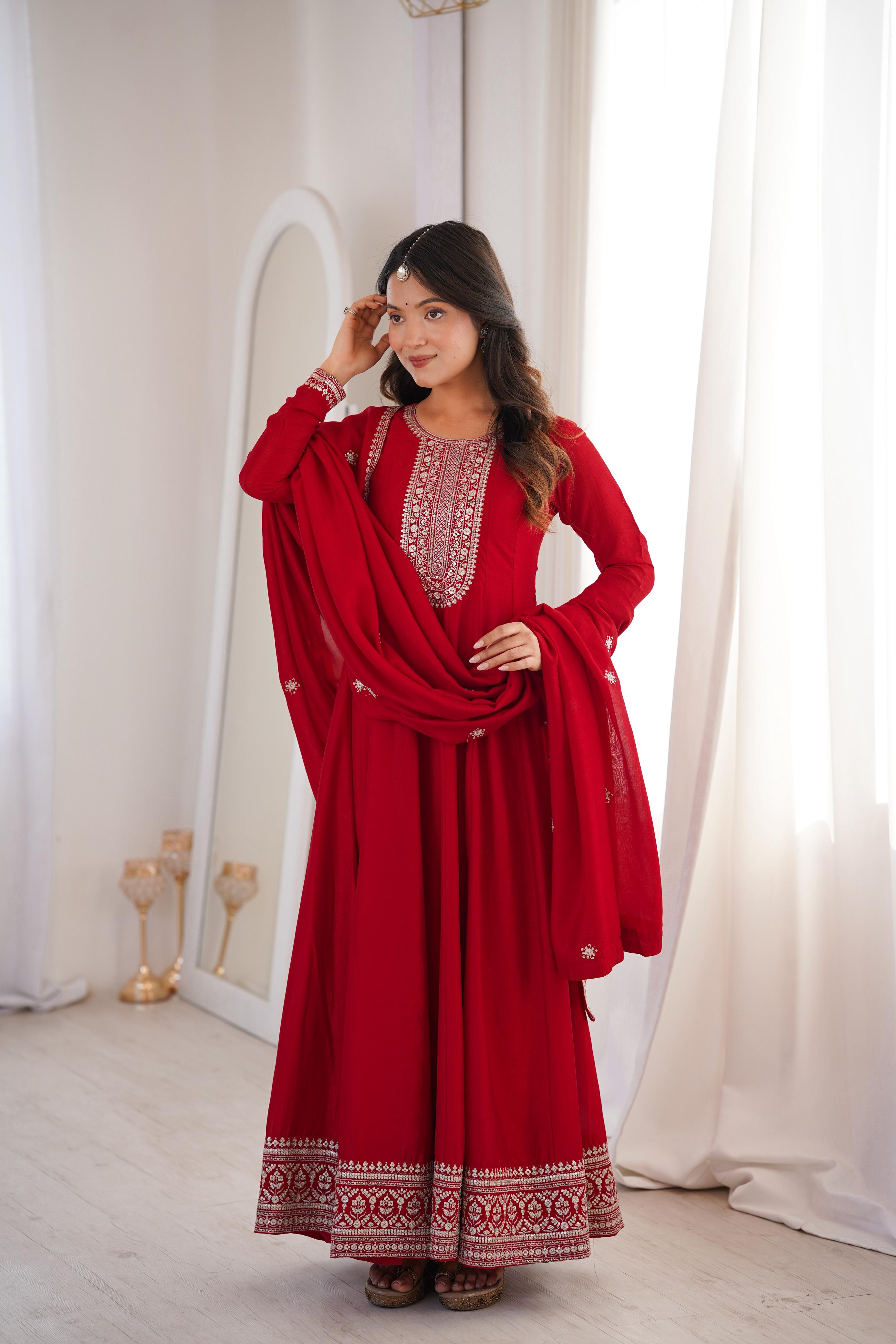 Dark Red Pure Vichitra Silk Anarkali Suit Set