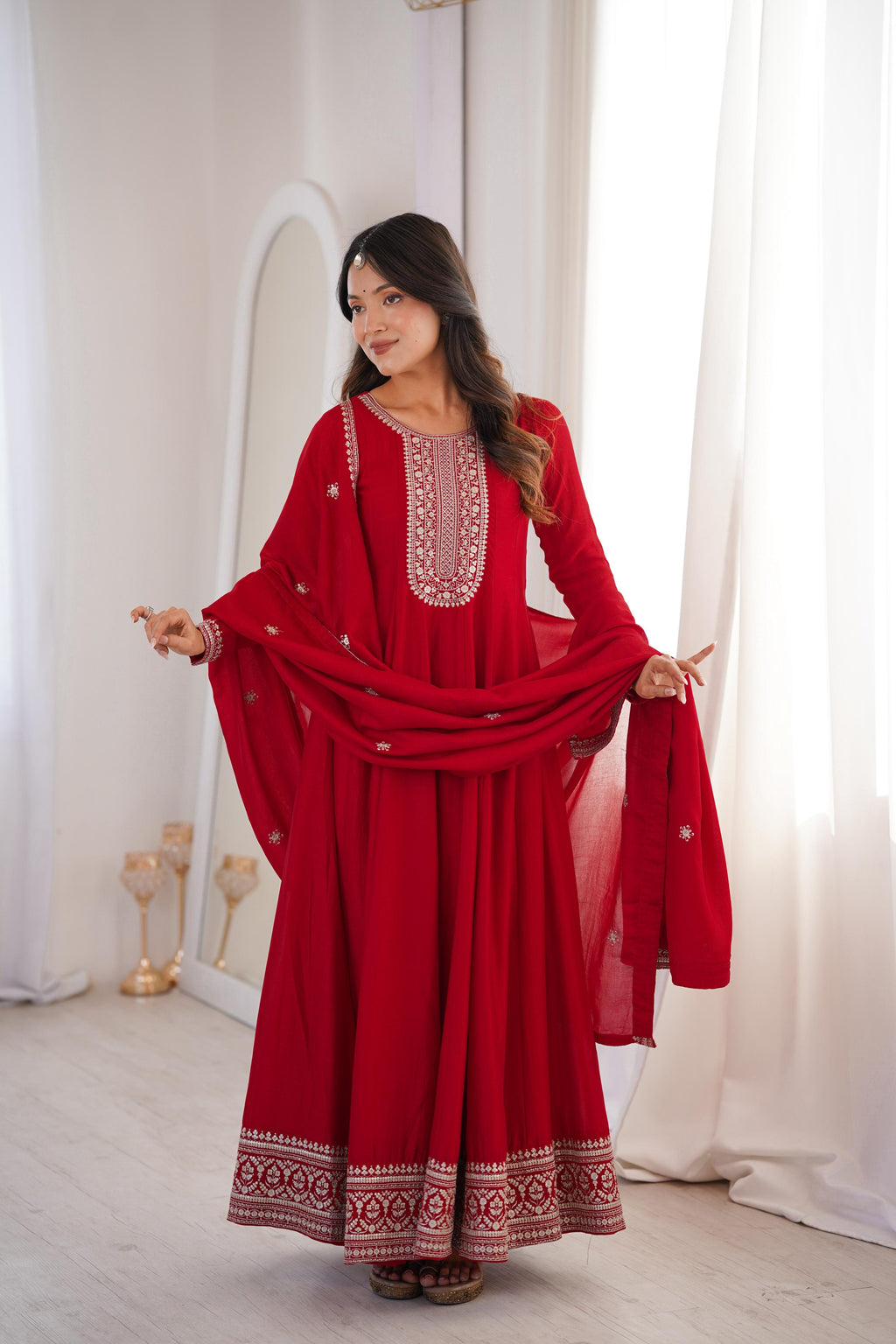 Dark Red Pure Vichitra Silk Anarkali Suit Set
