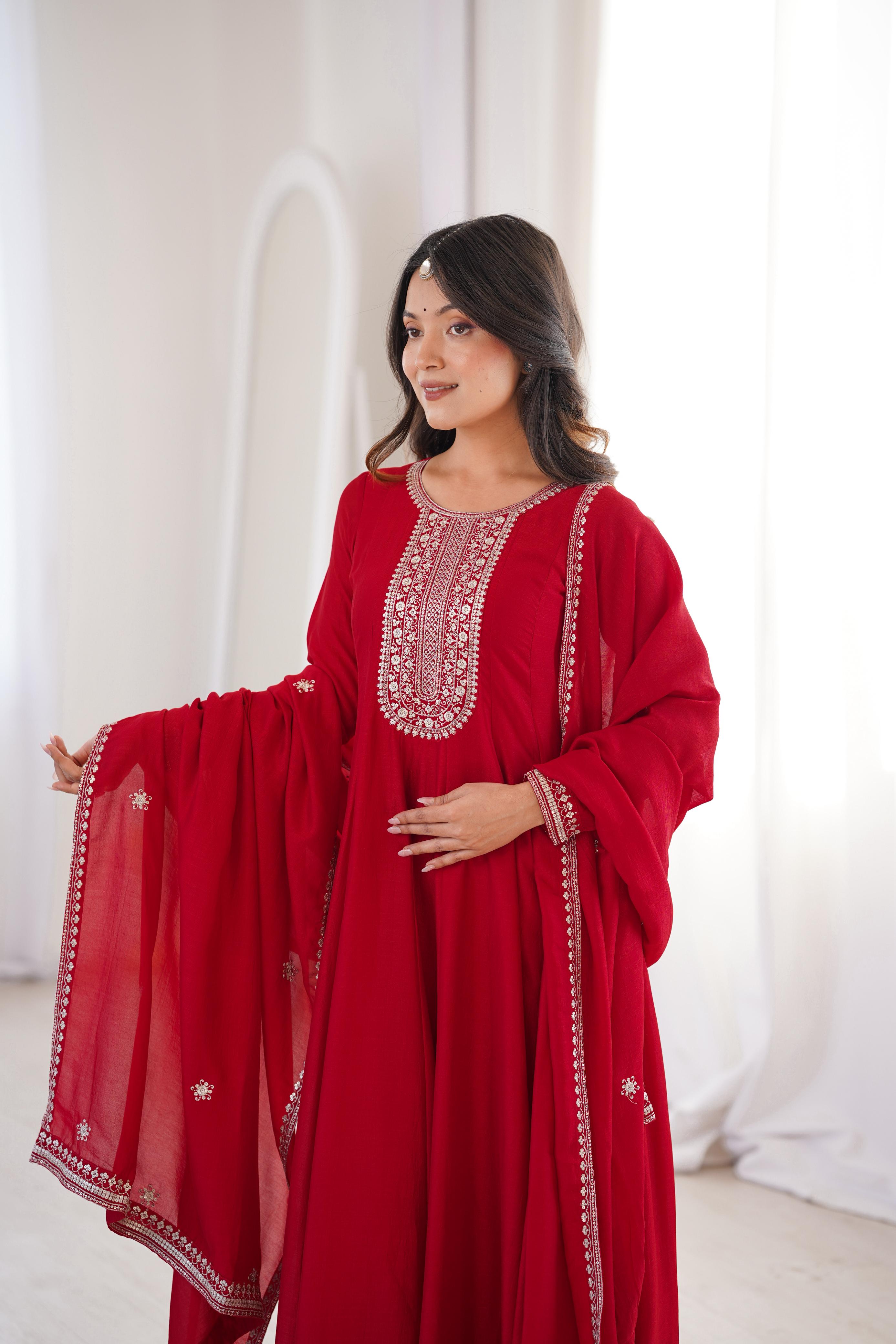 Dark Red Pure Vichitra Silk Anarkali Suit Set