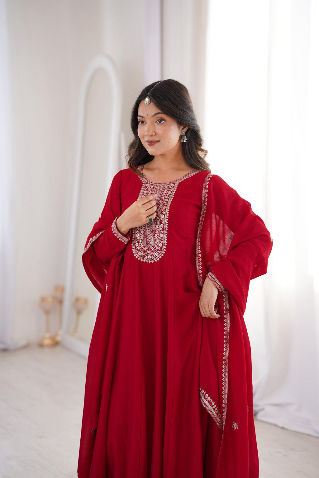 Dark Red Pure Vichitra Silk Anarkali Suit Set