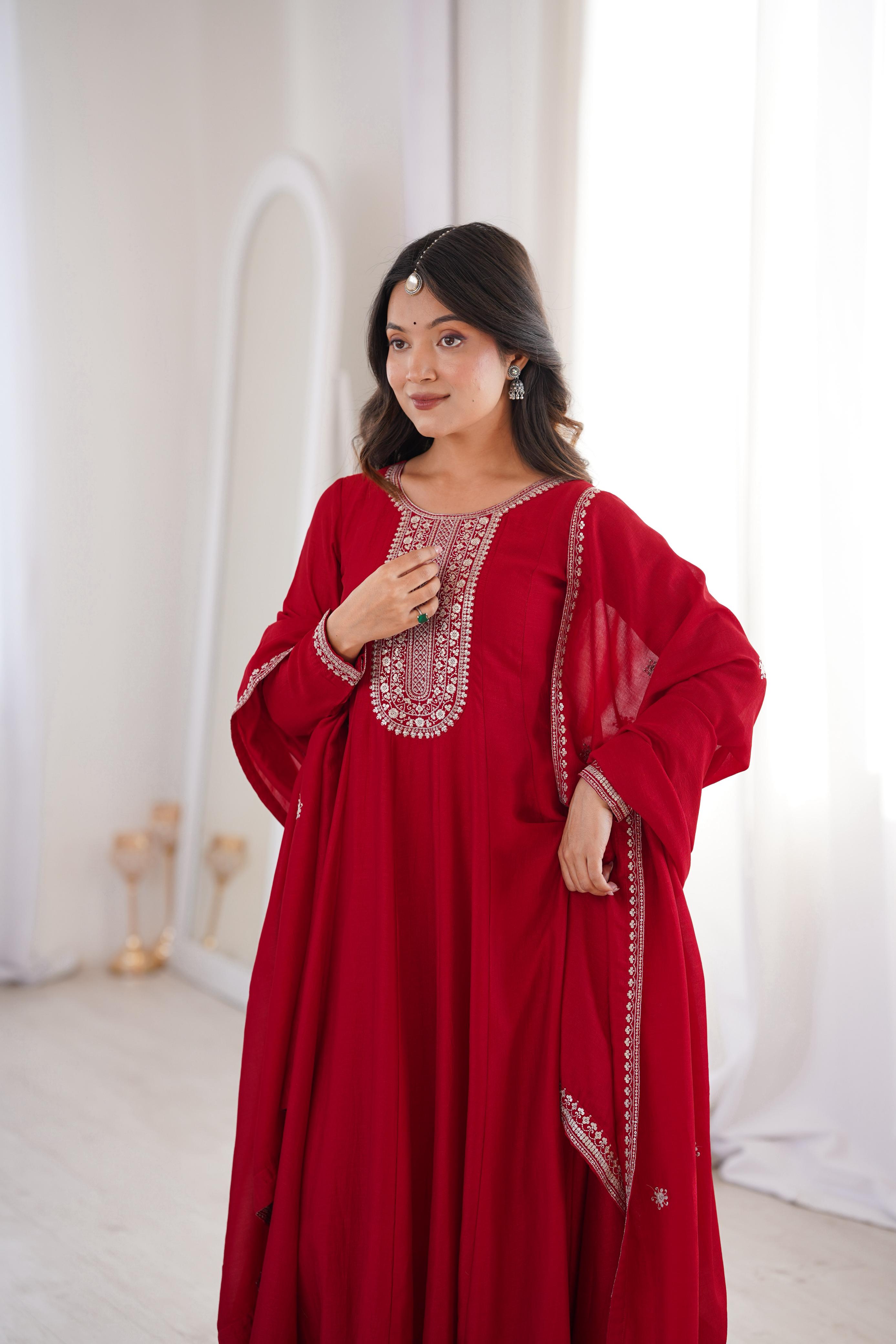 Dark Red Pure Vichitra Silk Anarkali Suit Set