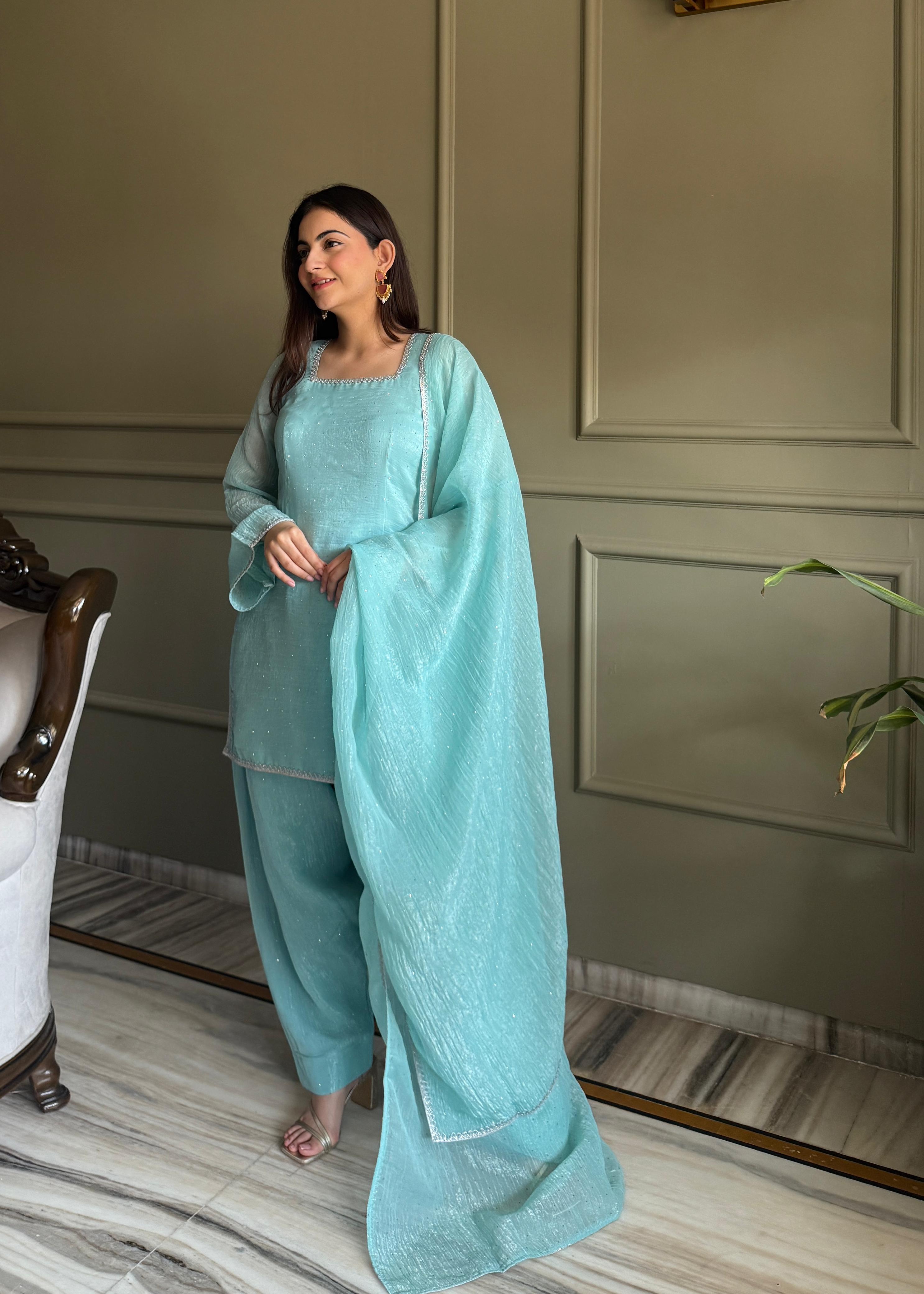 Sky Blue Silk Kurta Suit Set with Siroski work for festive occasions