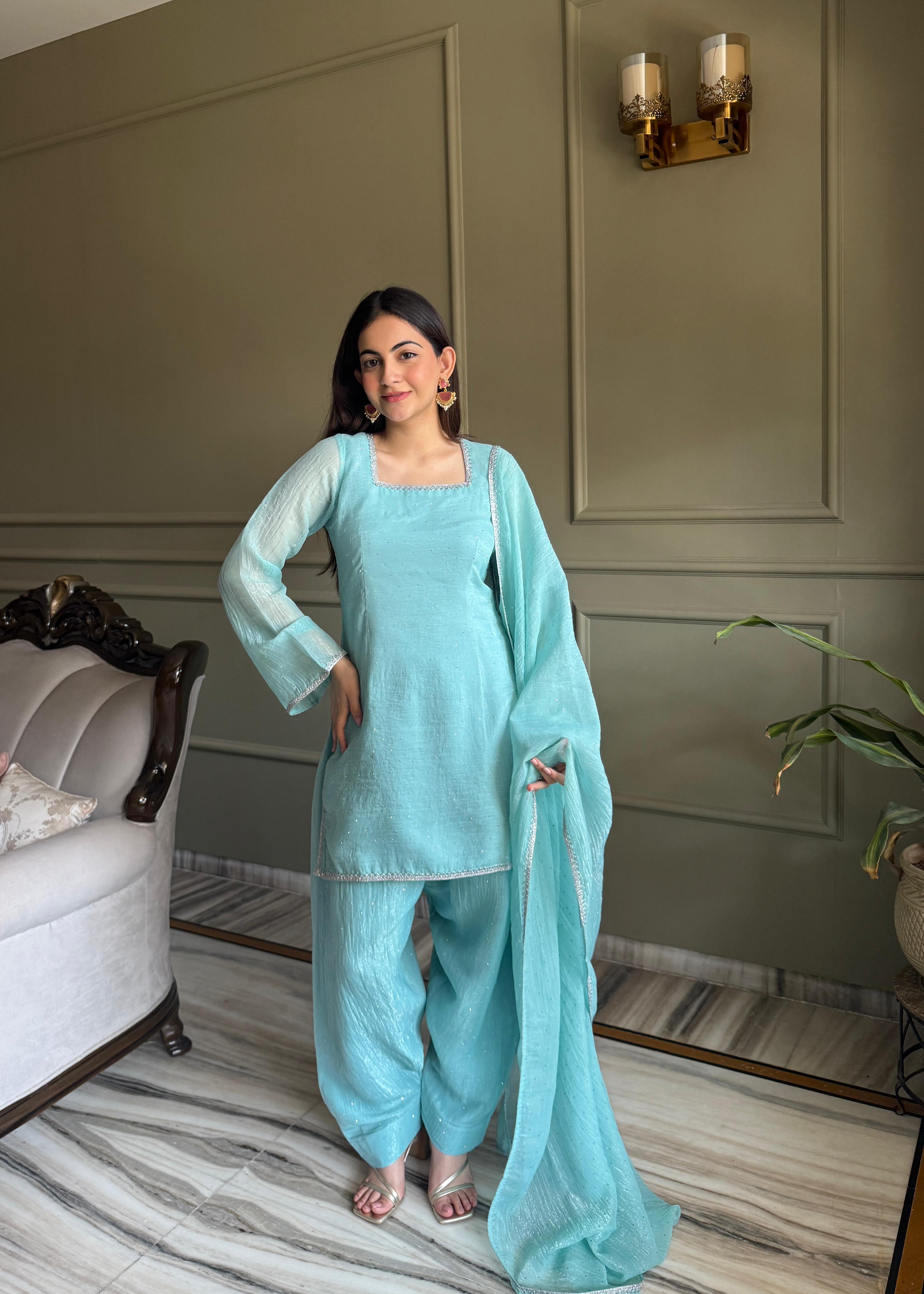 Sky Blue Silk Kurta Suit Set with Siroski work for festive occasions