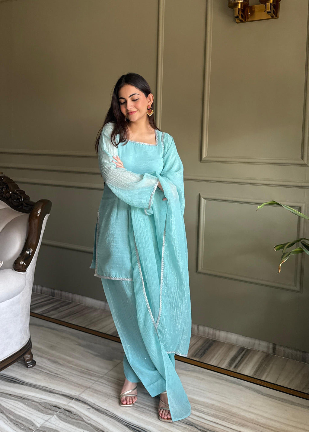 Sky Blue Silk Kurta Suit Set with Siroski work for festive occasions
