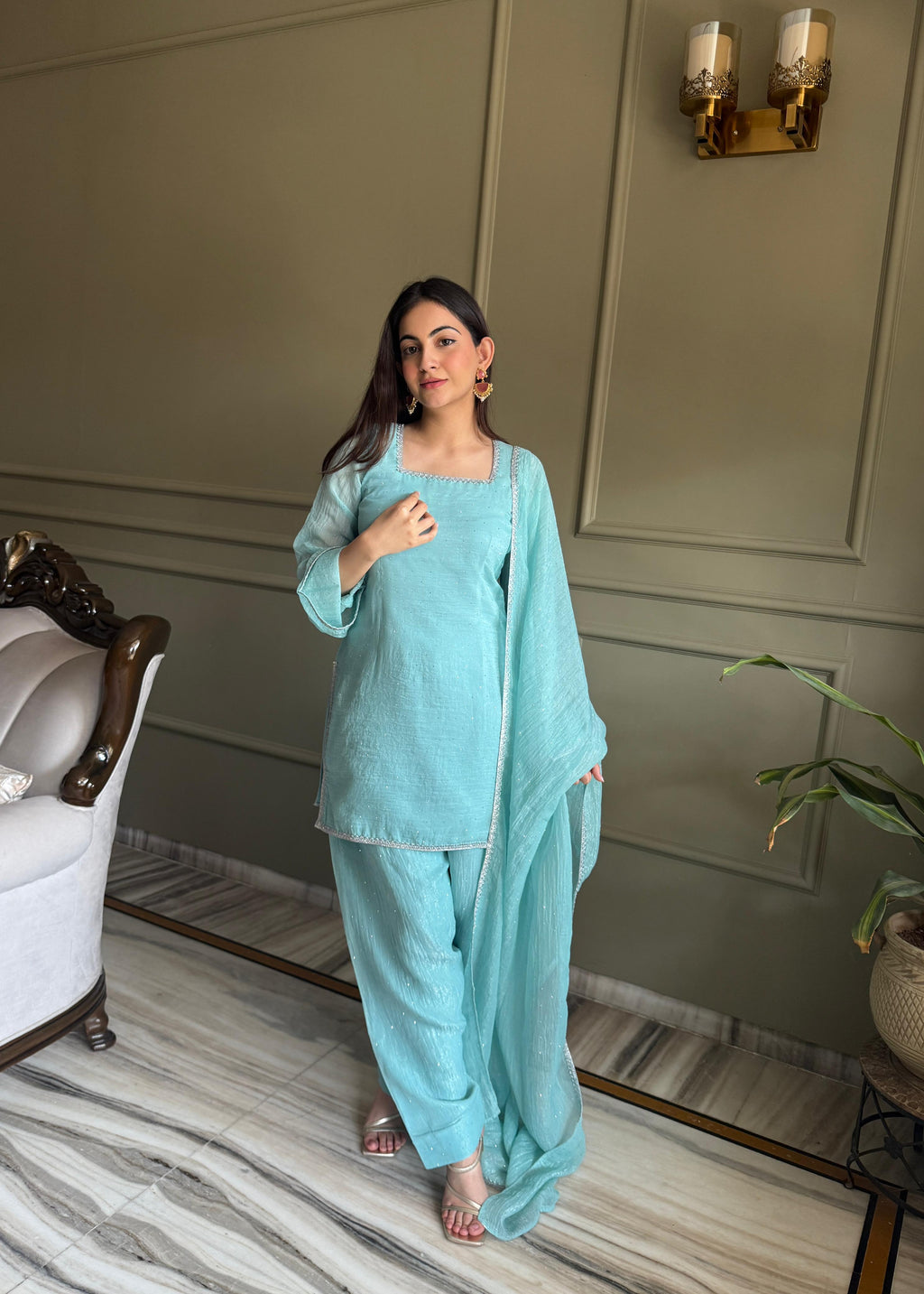 Sky Blue Silk Kurta Suit Set with Siroski work for festive occasions