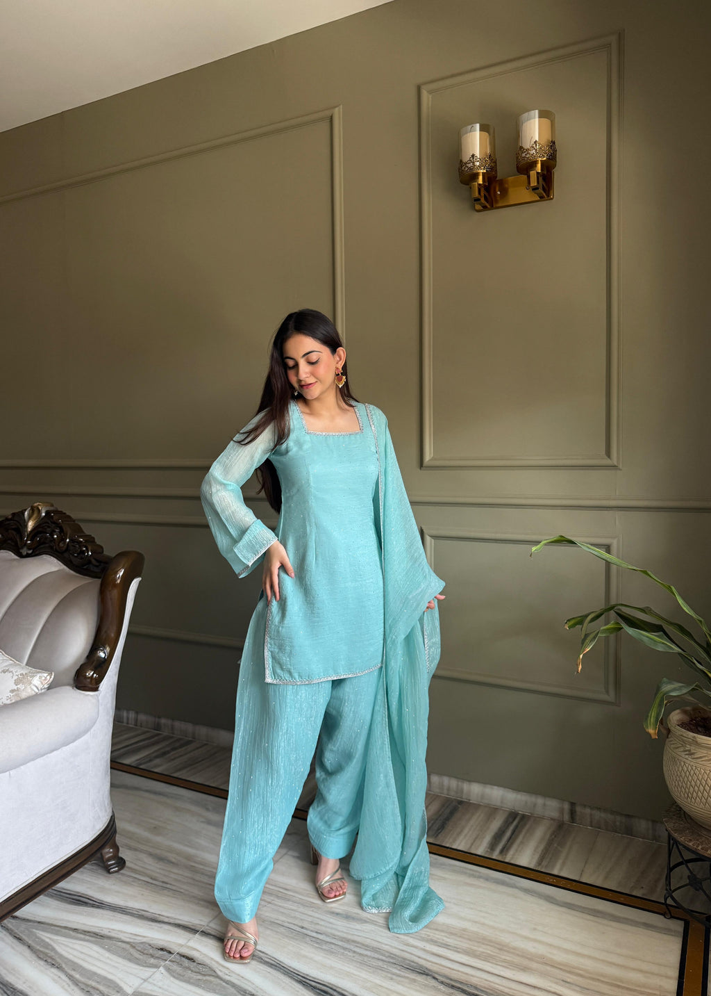 Sky Blue Silk Kurta Suit Set with Siroski work for festive occasions