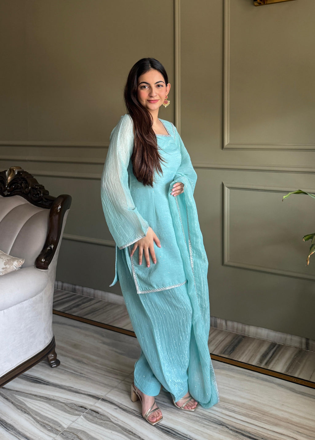 Sky Blue Silk Kurta Suit Set with Siroski work for festive occasions