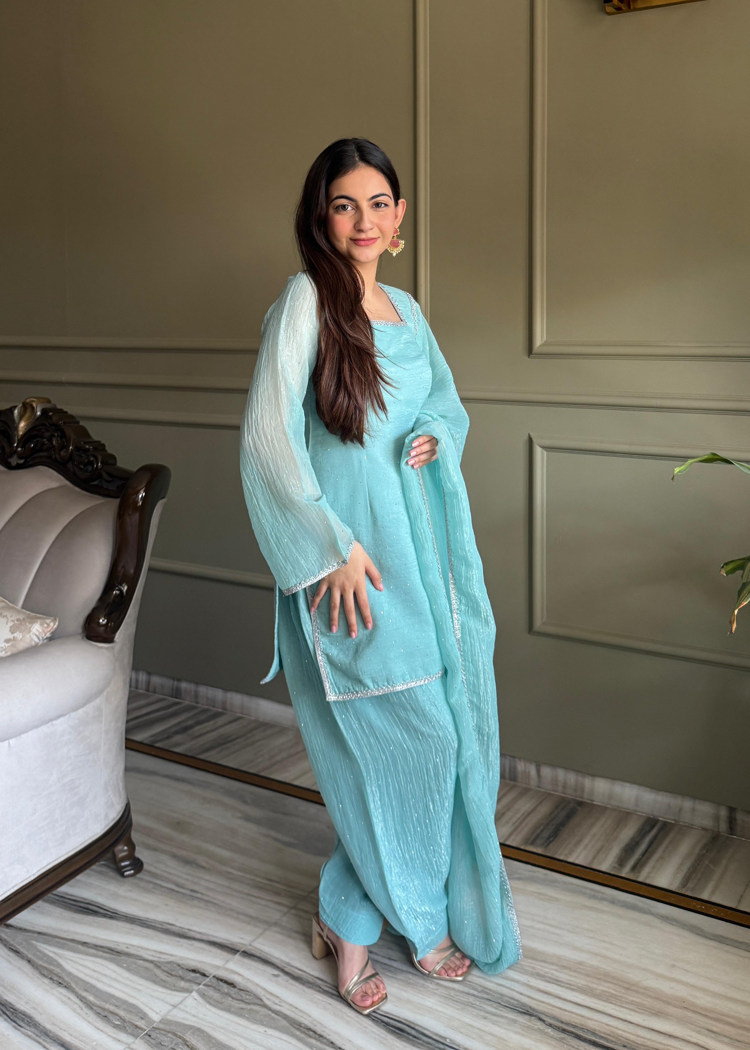 Sky Blue Silk Kurta Suit Set with Siroski work for festive occasions