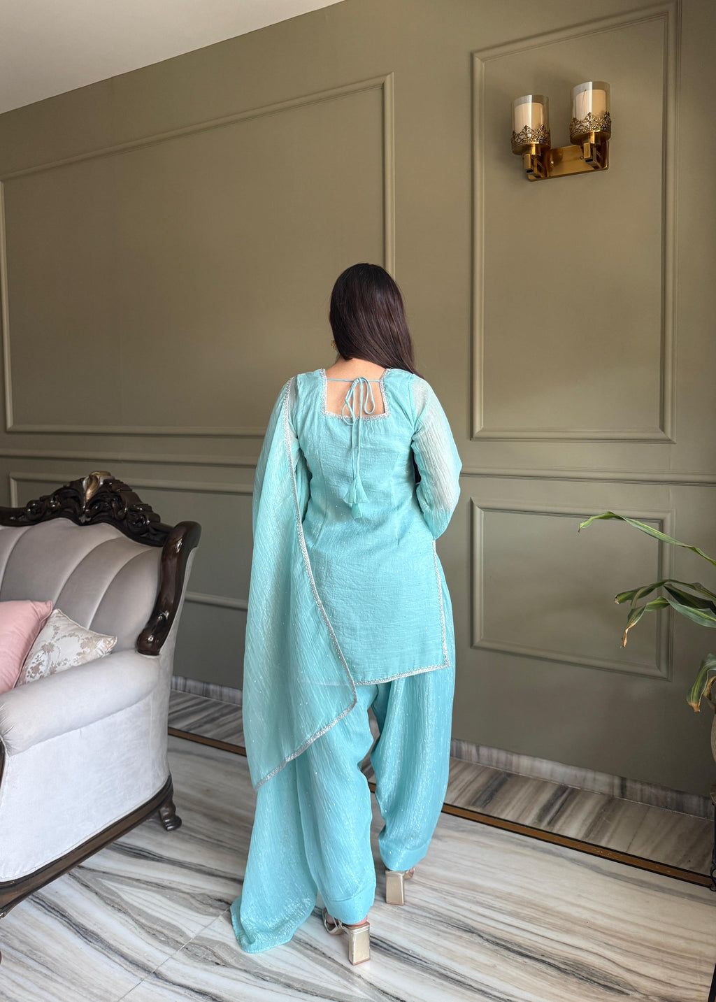 Sky Blue Silk Kurta Suit Set with Siroski work for festive occasions