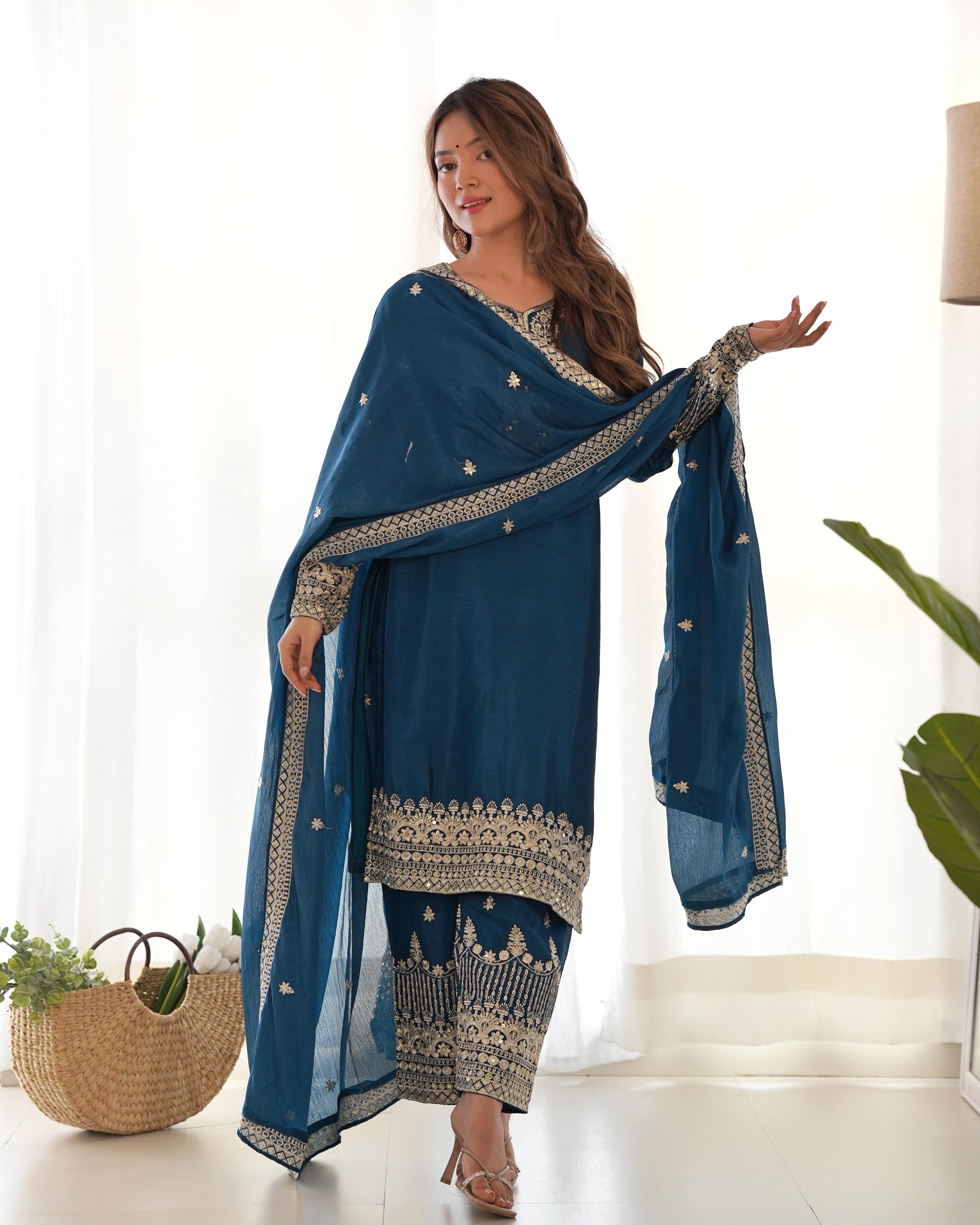 Rama Pure Chinon Silk Kurta Suit Set With Embroidery Work
