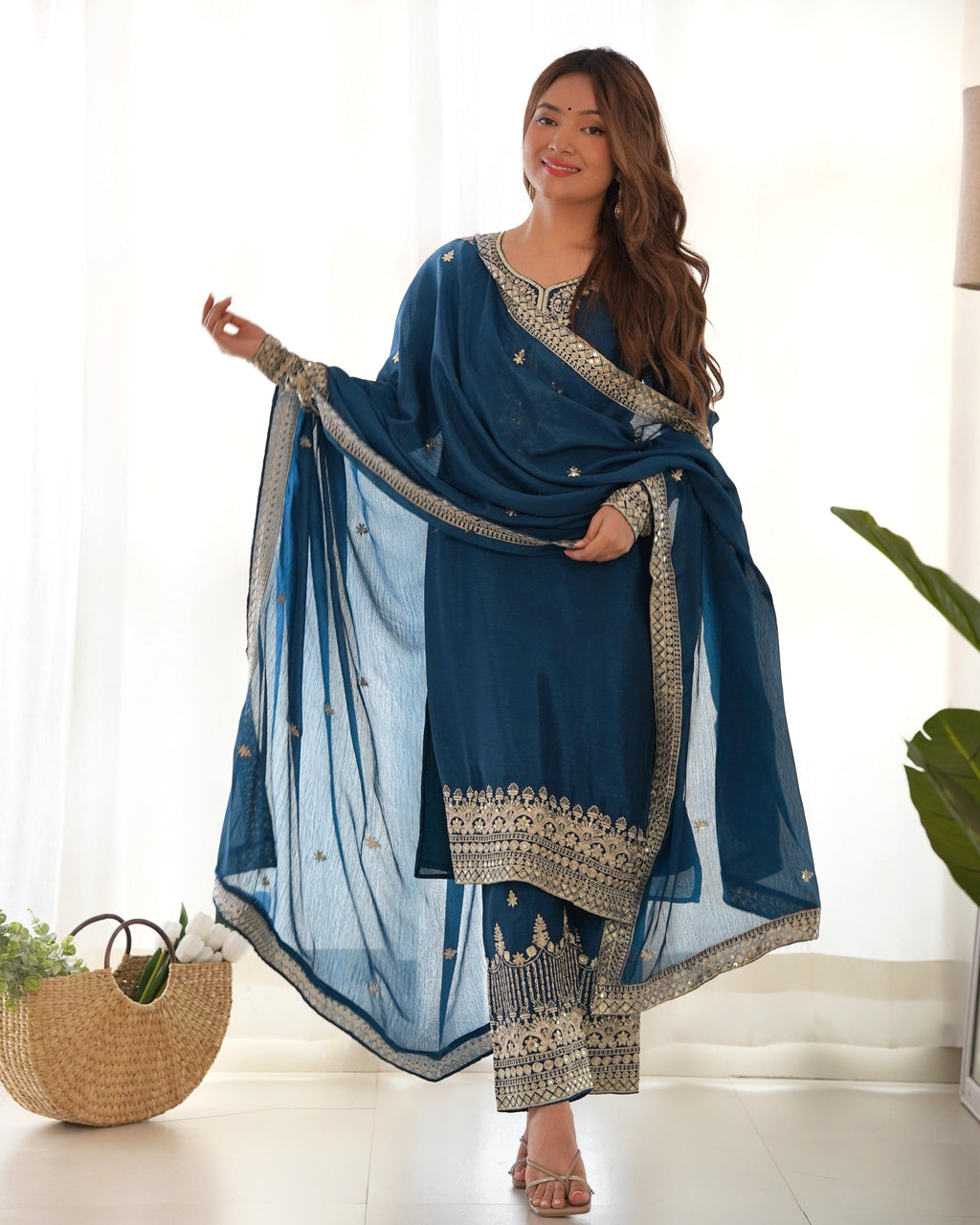 Rama Pure Chinon Silk Kurta Suit Set With Embroidery Work
