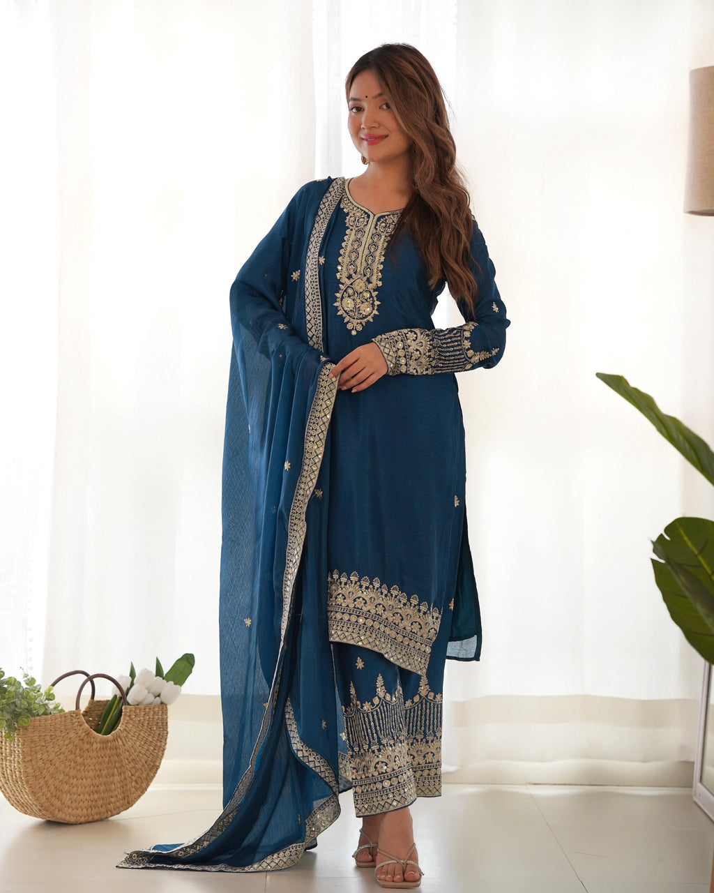 Rama Pure Chinon Silk Kurta Suit Set With Embroidery Work