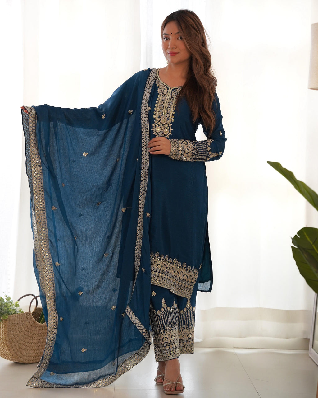 Rama Pure Chinon Silk Kurta Suit Set With Embroidery Work