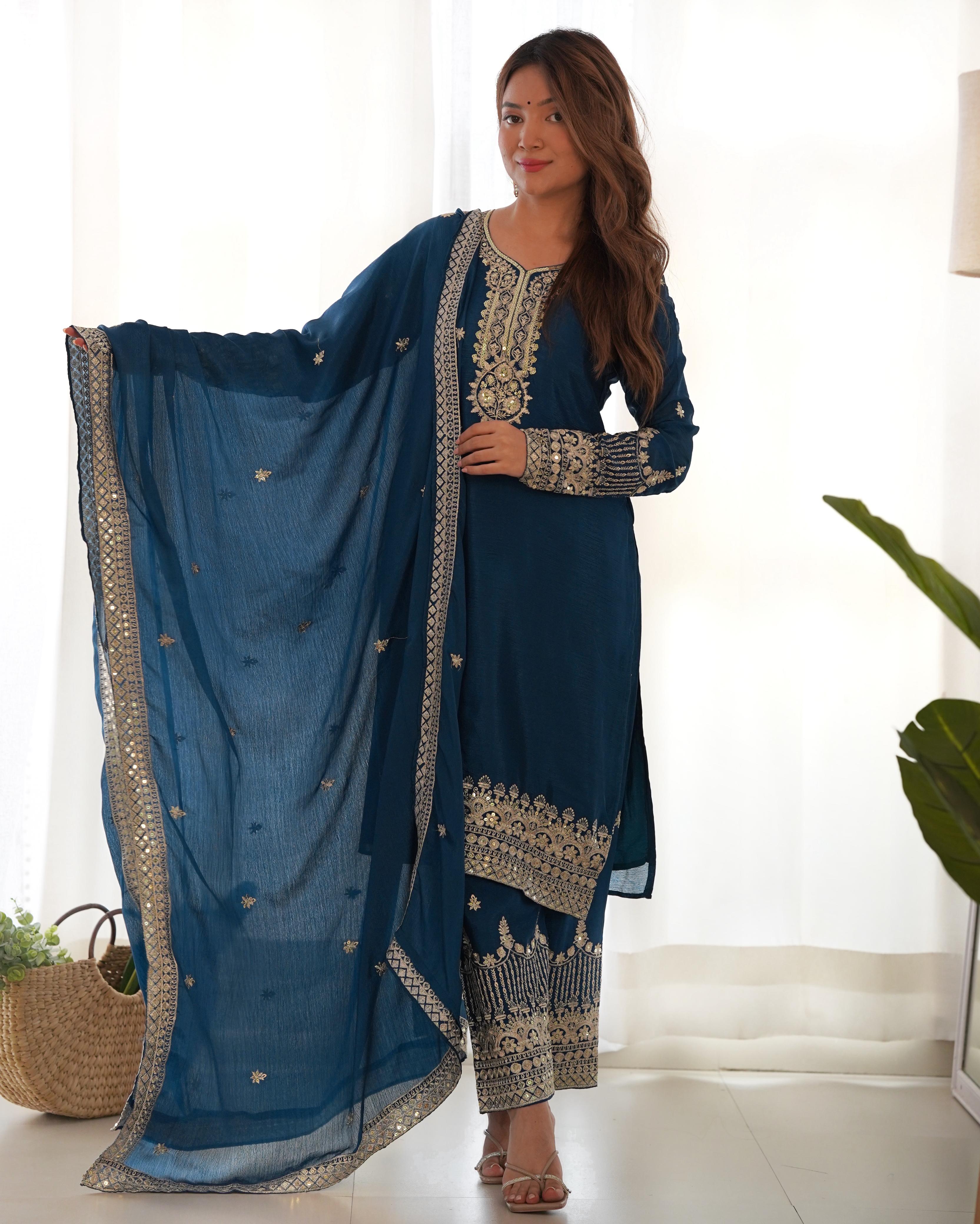 Rama Pure Chinon Silk Kurta Suit Set With Embroidery Work