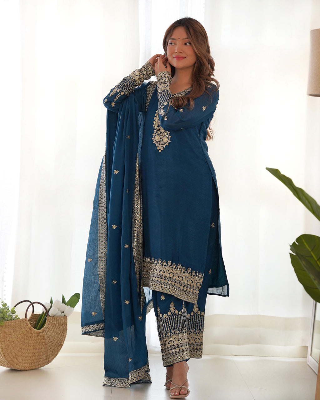 Rama Pure Chinon Silk Kurta Suit Set With Embroidery Work