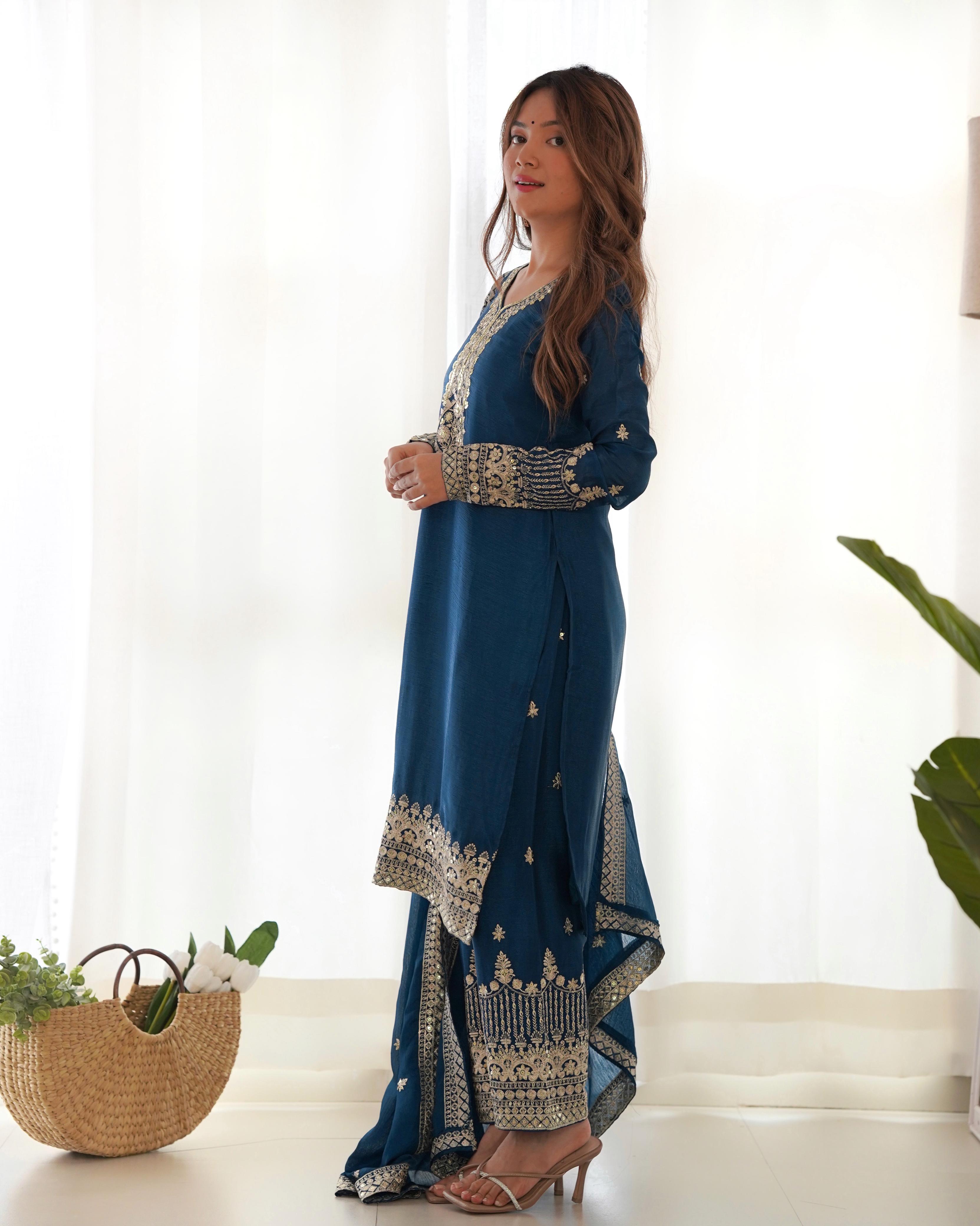 Rama Pure Chinon Silk Kurta Suit Set With Embroidery Work