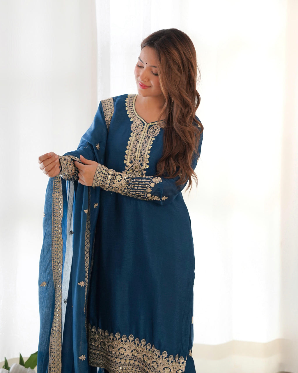 Rama Pure Chinon Silk Kurta Suit Set With Embroidery Work