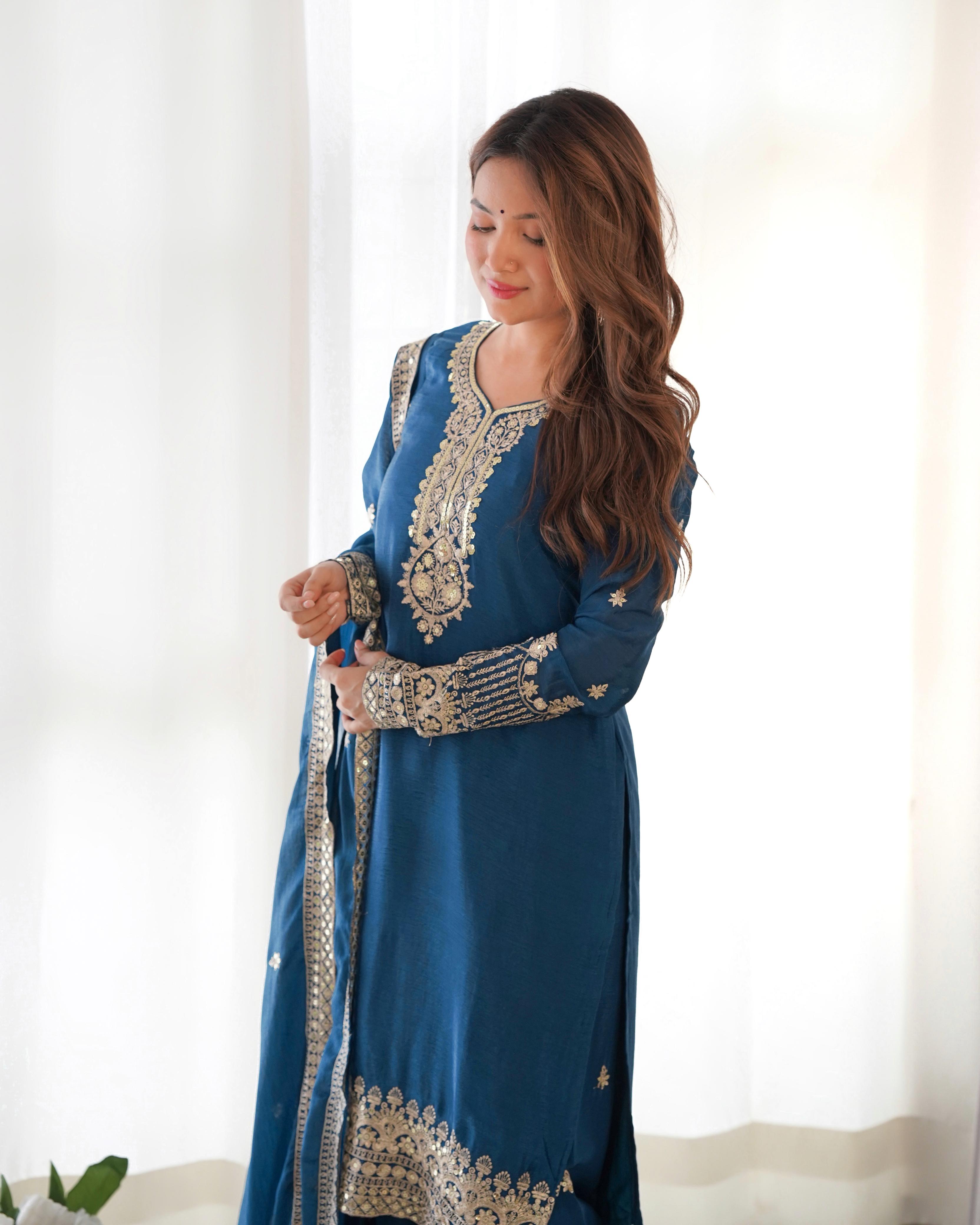 Rama Pure Chinon Silk Kurta Suit Set With Embroidery Work