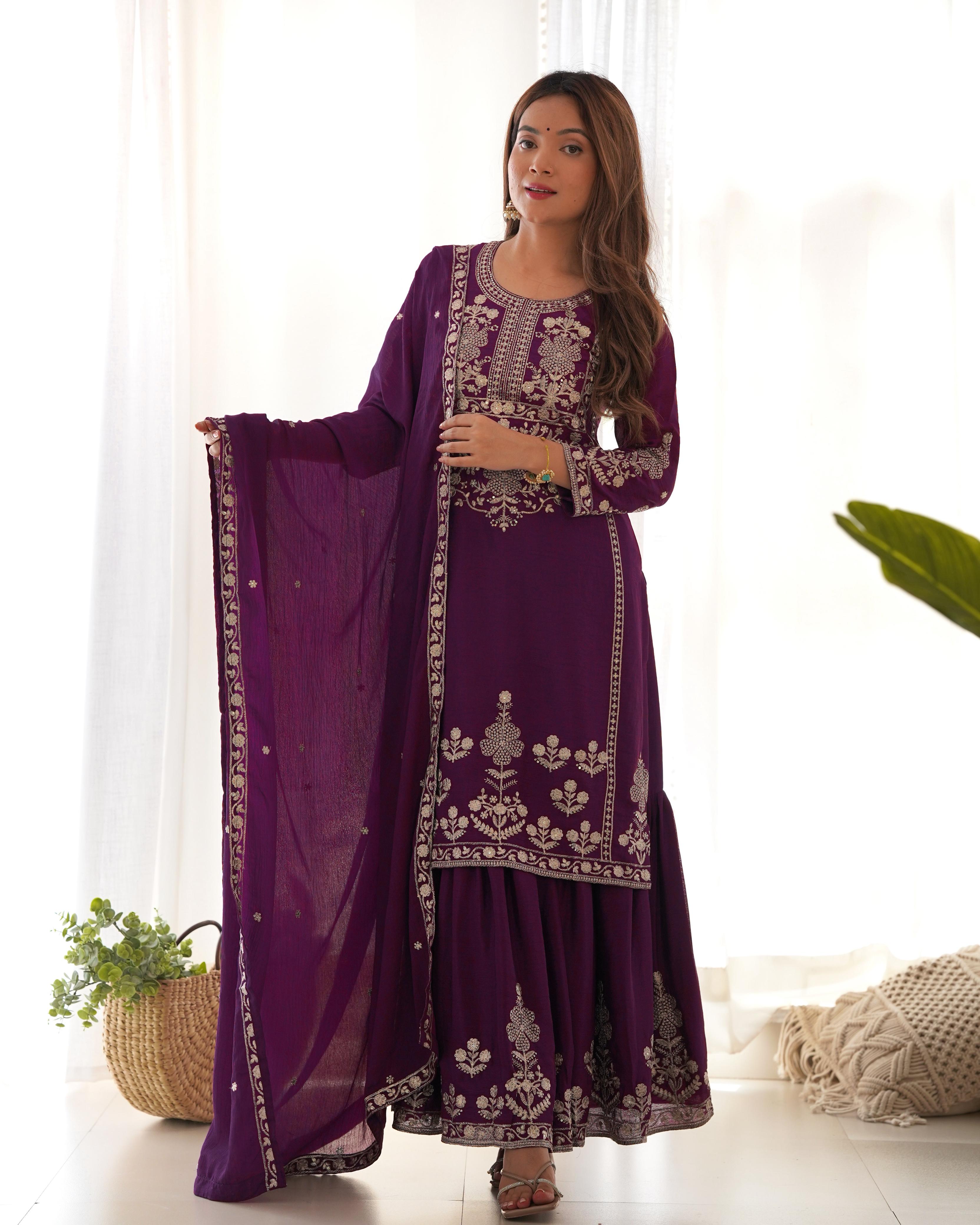 Purple Pure Chinon Silk Kurta Suit Set With Embroidery Work