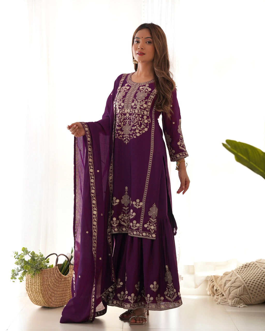 Purple Pure Chinon Silk Kurta Suit Set With Embroidery Work