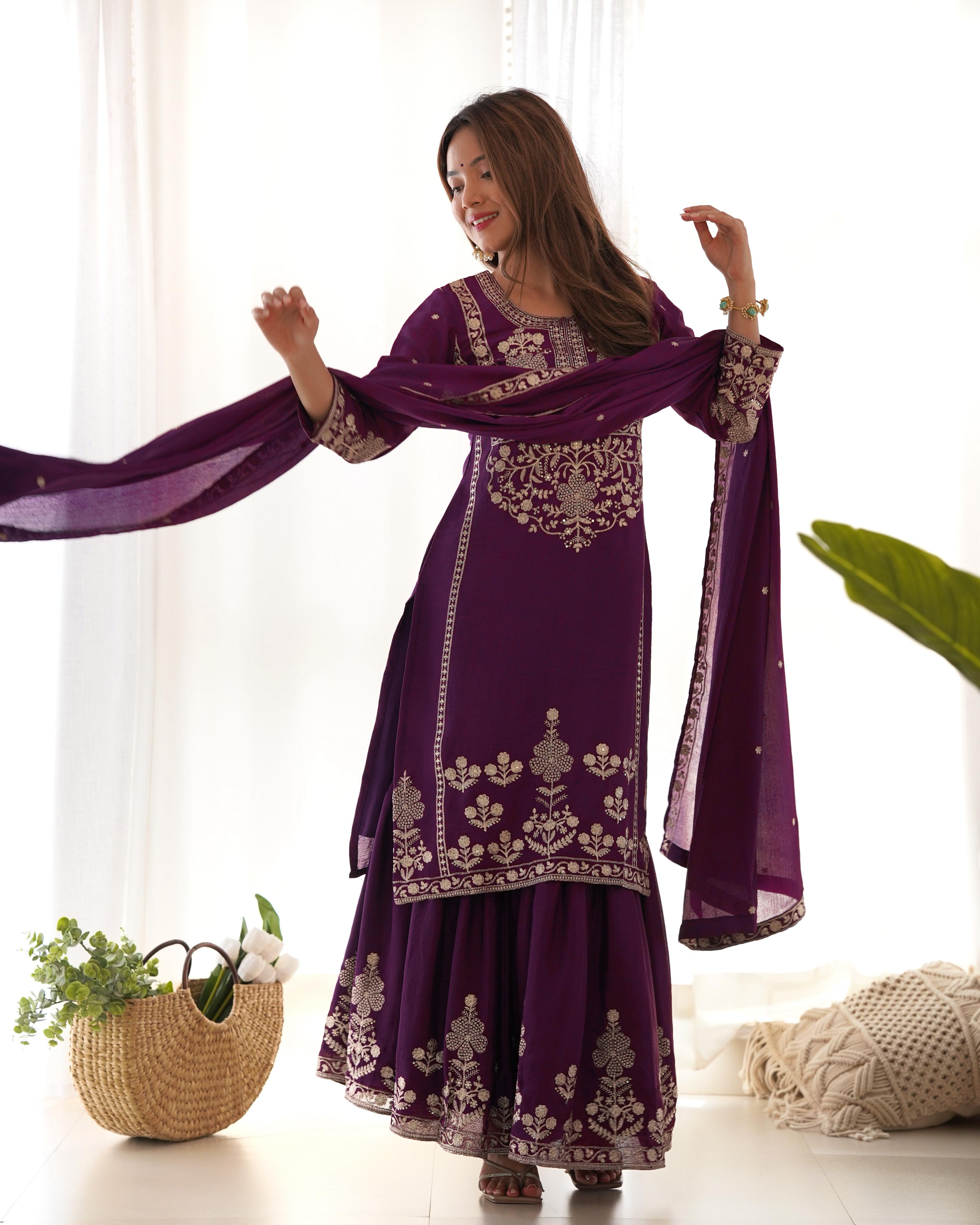 Purple Pure Chinon Silk Kurta Suit Set With Embroidery Work