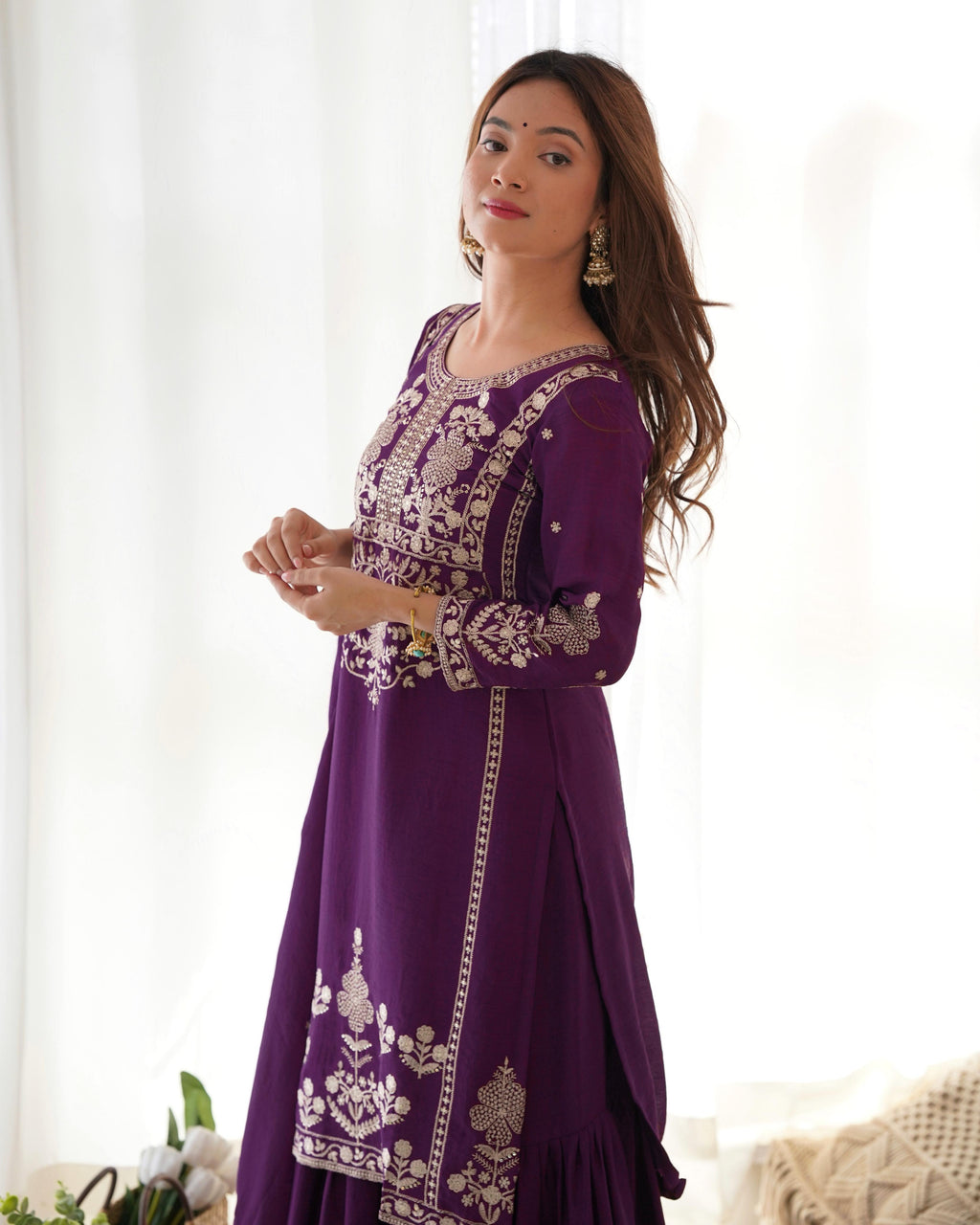 Purple Pure Chinon Silk Kurta Suit Set With Embroidery Work