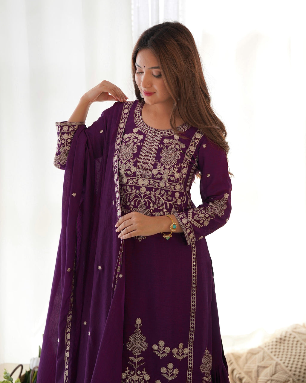 Purple Pure Chinon Silk Kurta Suit Set With Embroidery Work