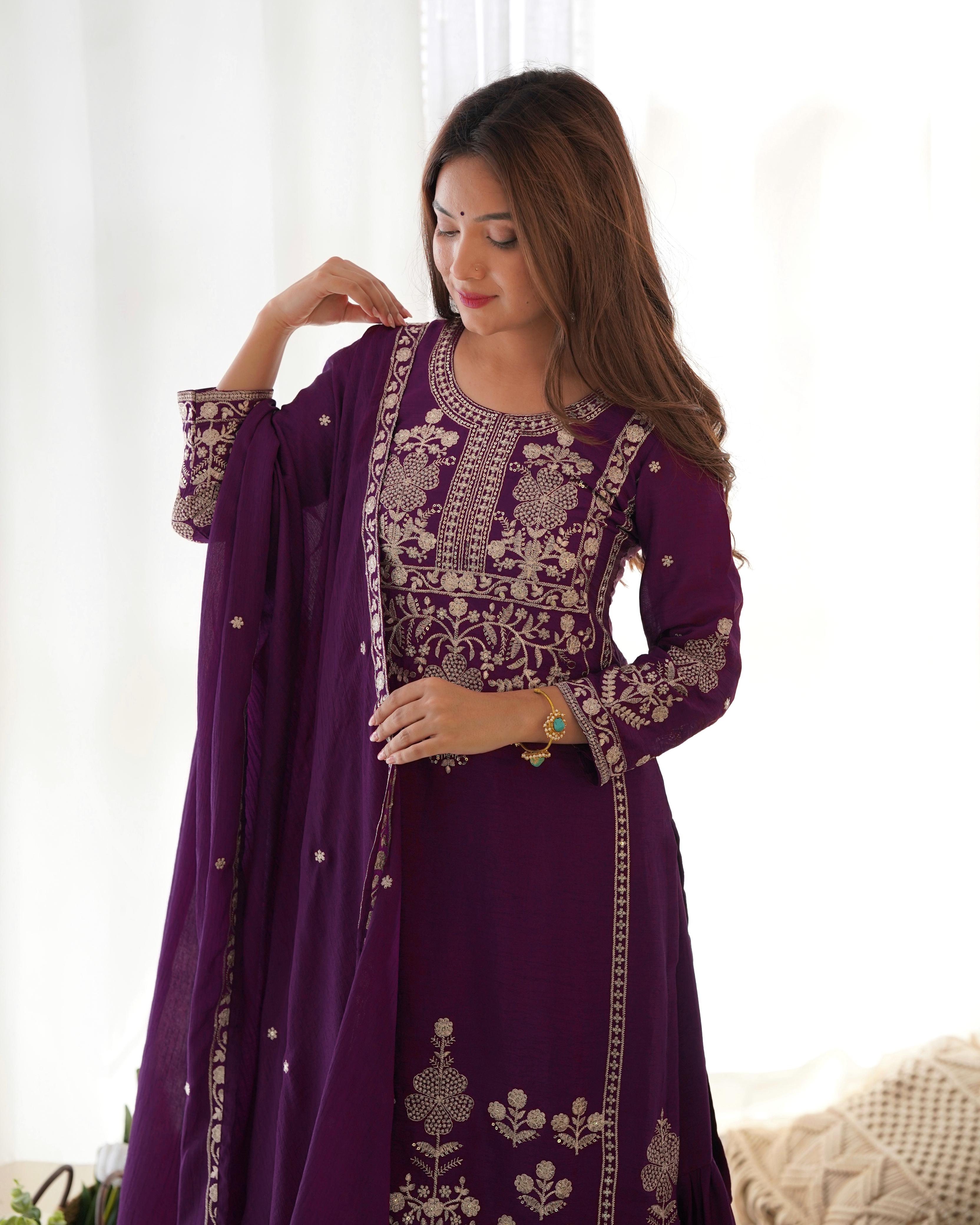 Purple Pure Chinon Silk Kurta Suit Set With Embroidery Work