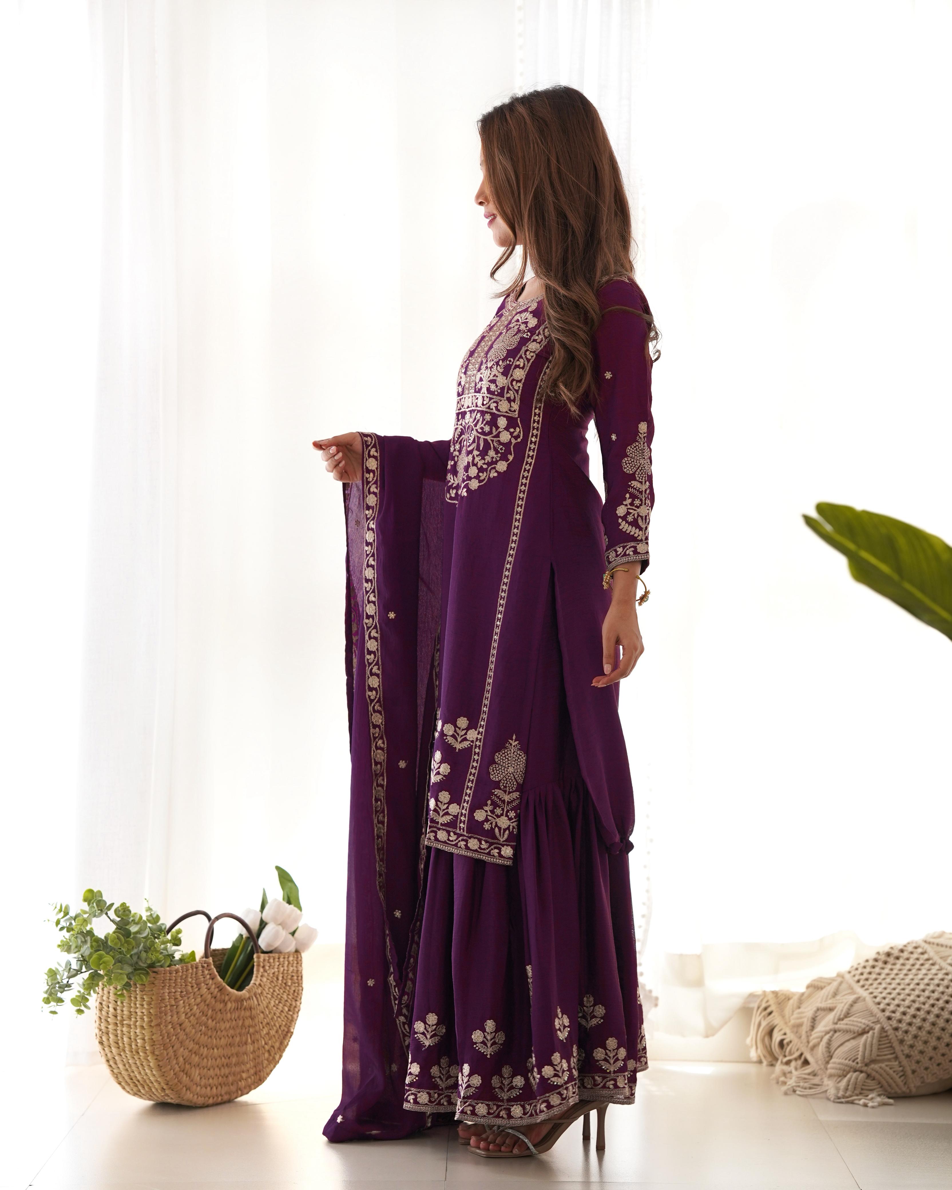 Purple Pure Chinon Silk Kurta Suit Set With Embroidery Work