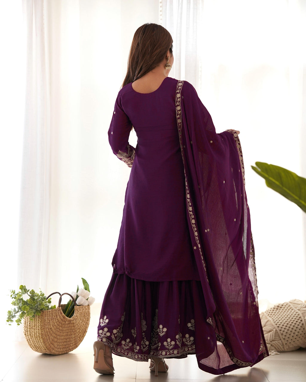 Purple Pure Chinon Silk Kurta Suit Set With Embroidery Work