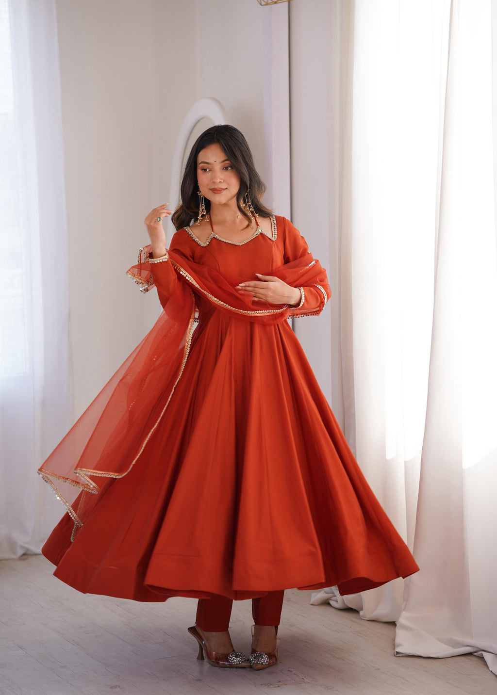 Rust Roman Silk Chanderi Anarkali Suit Set Mirror Lace Work Festive Wear