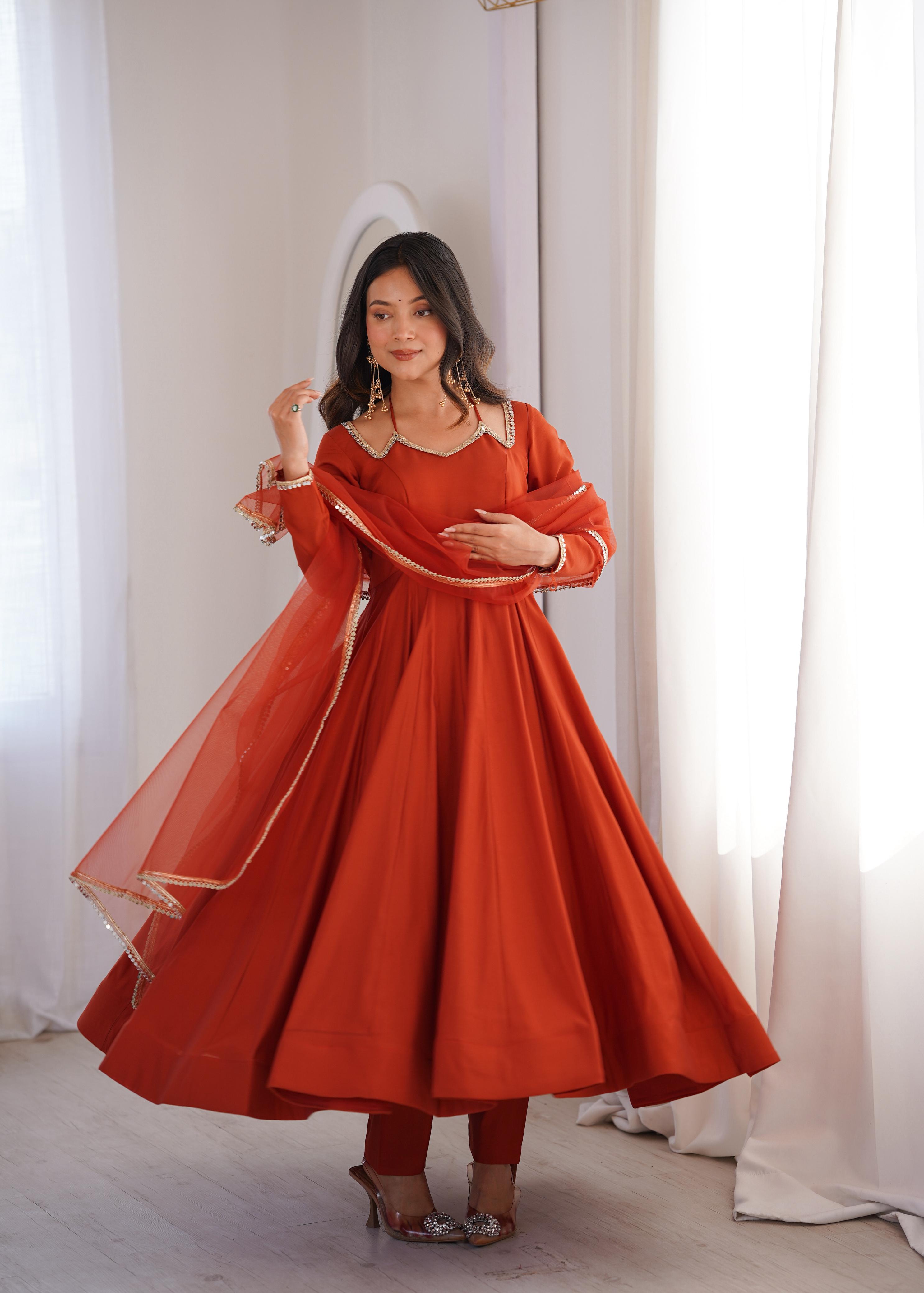 Rust Roman Silk Chanderi Anarkali Suit Set Mirror Lace Work Festive Wear