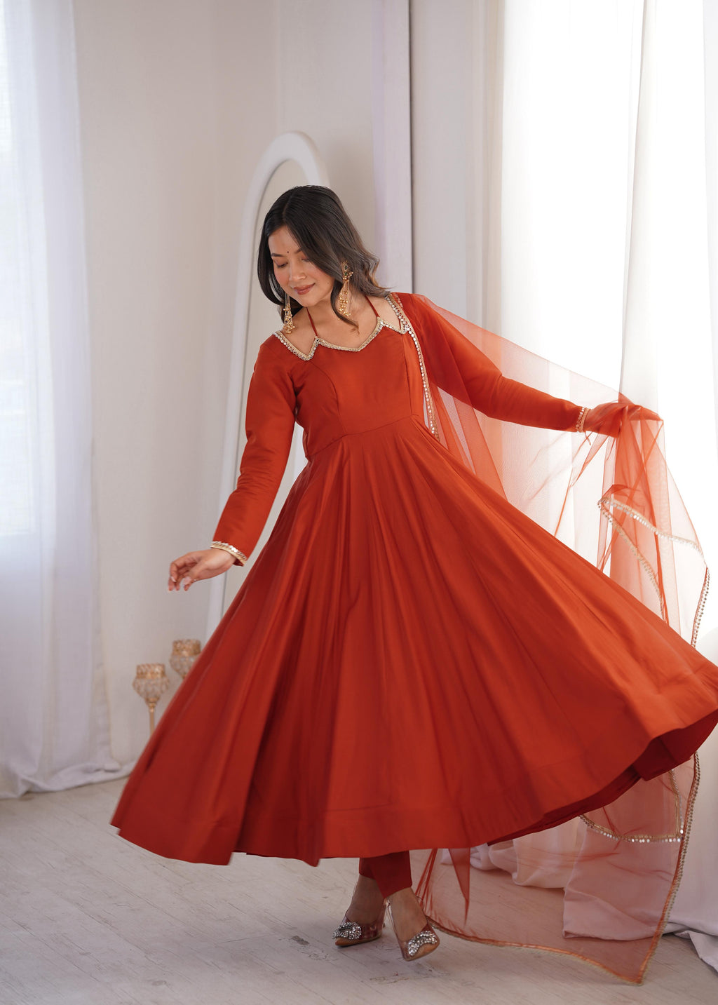 Rust Roman Silk Chanderi Anarkali Suit Set Mirror Lace Work Festive Wear