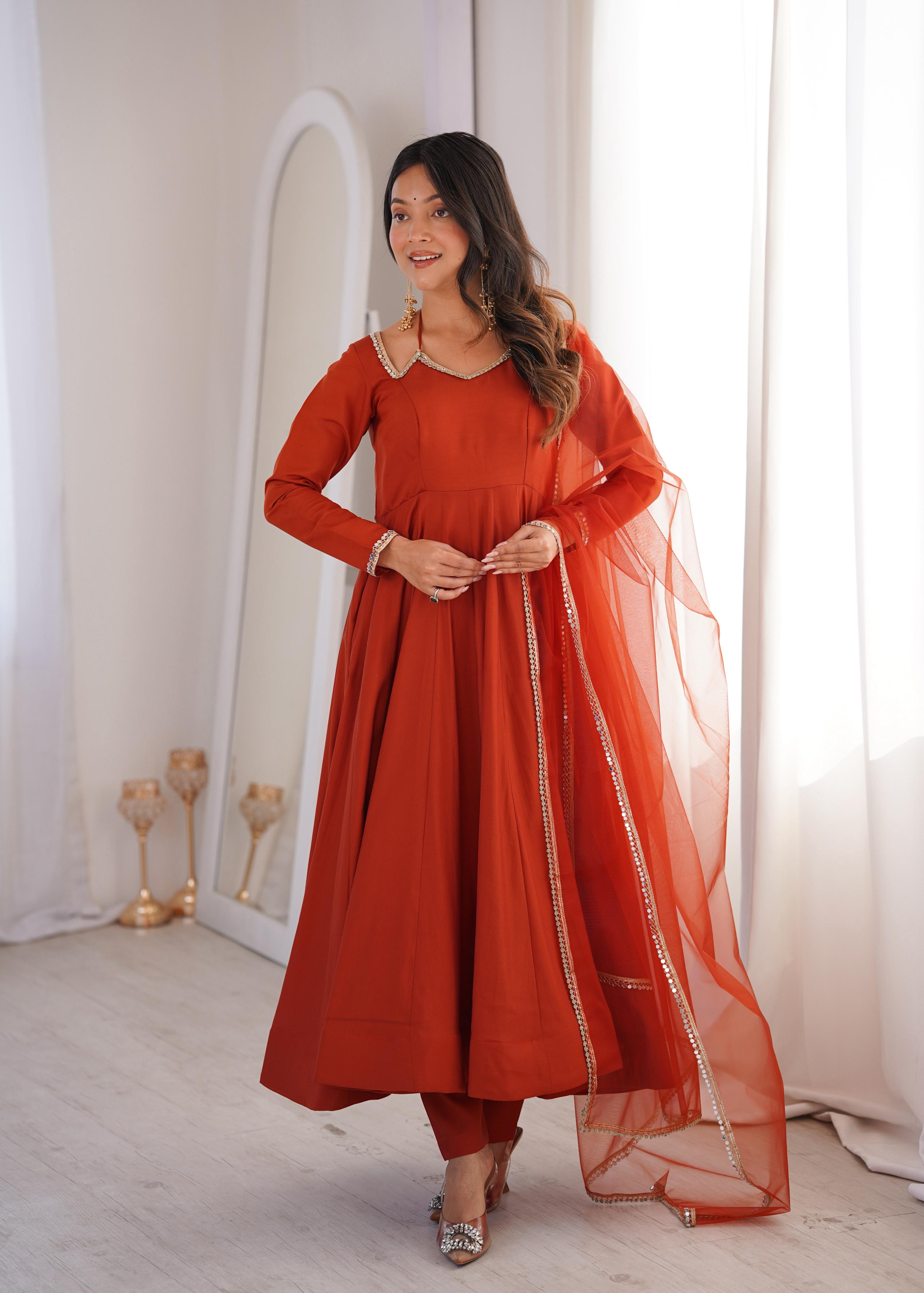 Rust Roman Silk Chanderi Anarkali Suit Set Mirror Lace Work Festive Wear