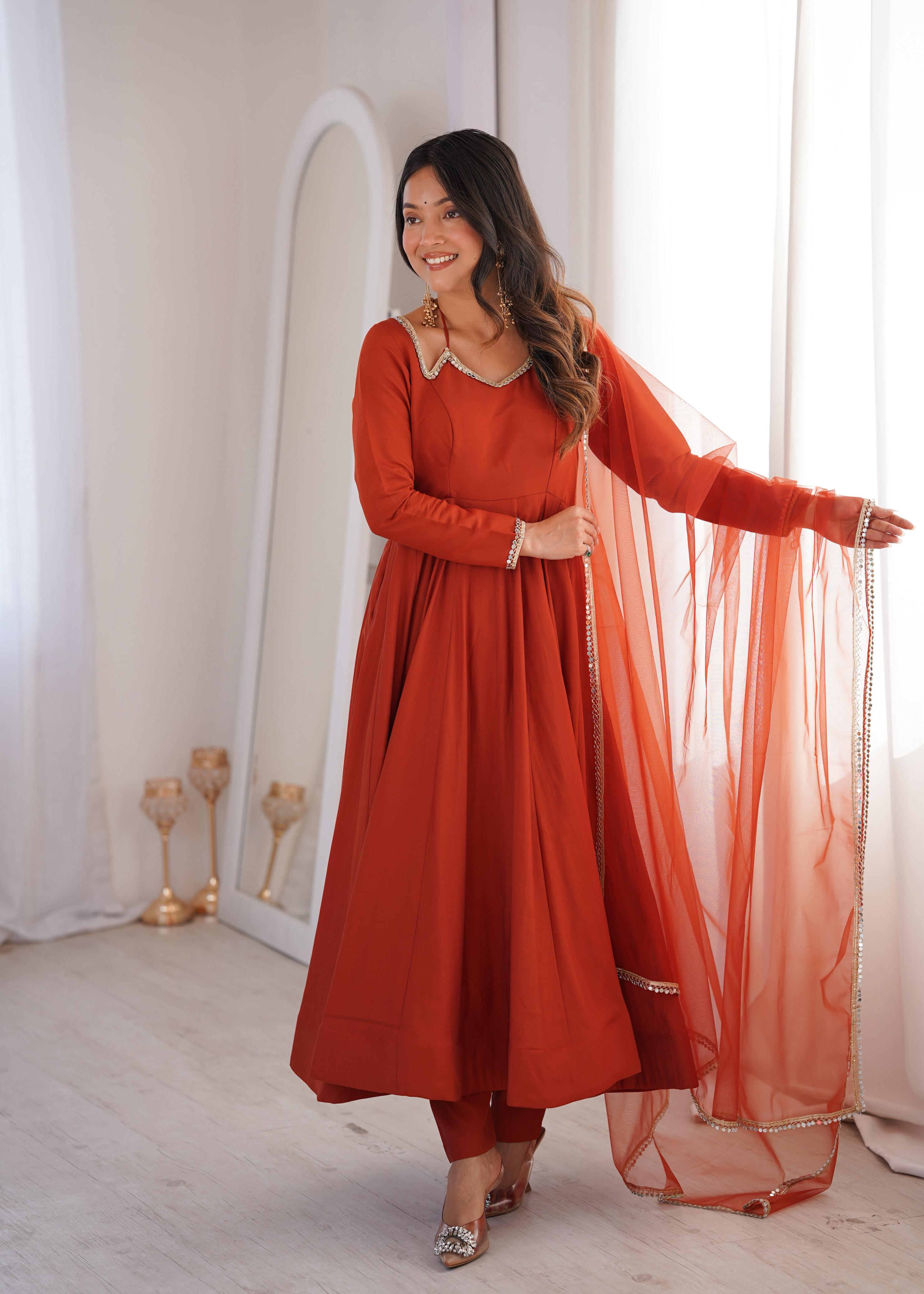 Rust Roman Silk Chanderi Anarkali Suit Set Mirror Lace Work Festive Wear